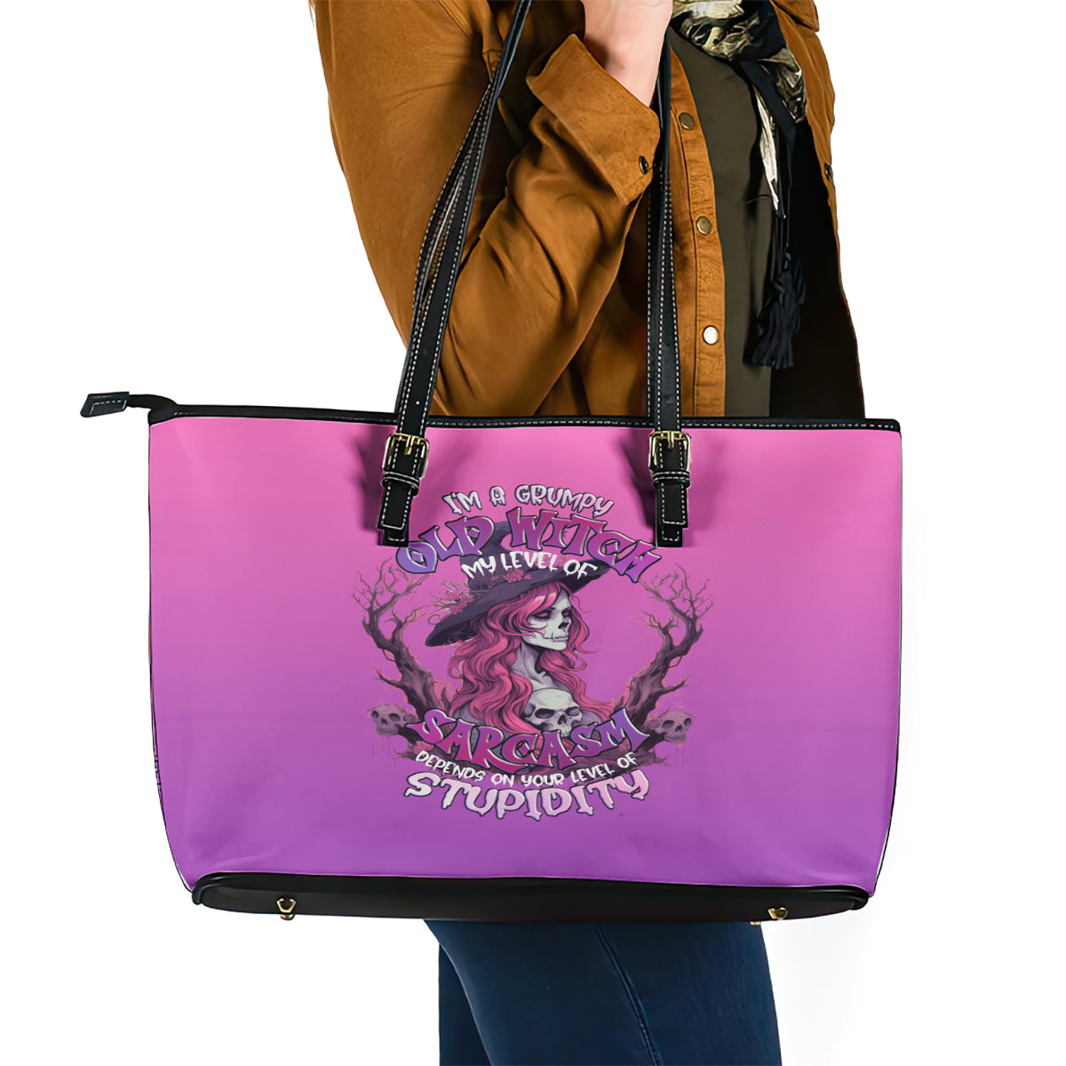 Witch Skull Leather Tote Bag I'm A Grumpy Old Lady Sarcasm Depends On Your Stupidity - Wonder Print Shop