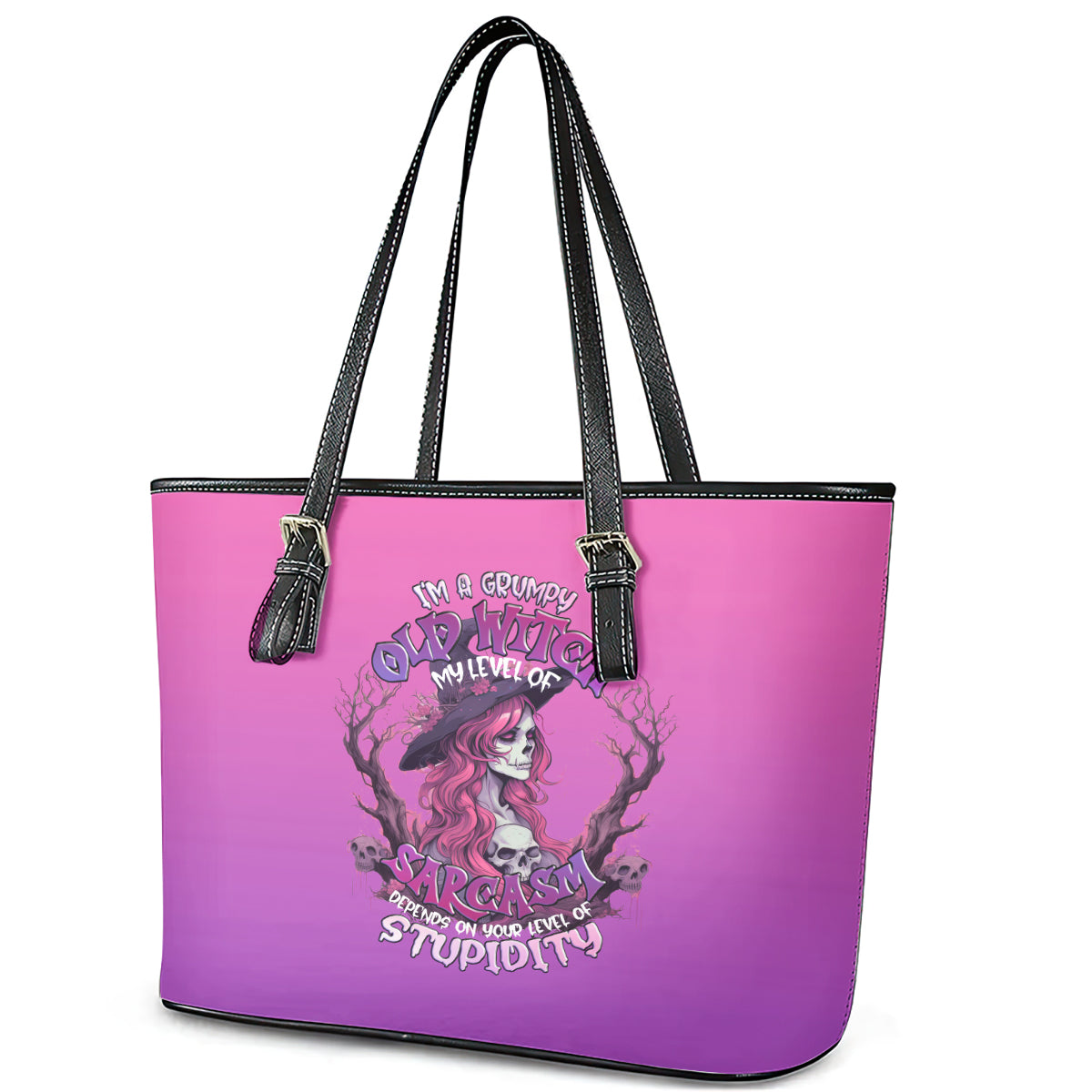 Witch Skull Leather Tote Bag I'm A Grumpy Old Lady Sarcasm Depends On Your Stupidity - Wonder Print Shop