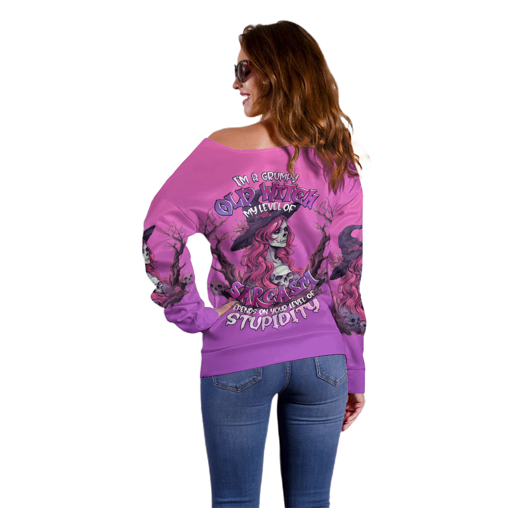 Witch Skull Off Shoulder Sweater I'm A Grumpy Old Lady Sarcasm Depends On Your Stupidity - Wonder Print Shop