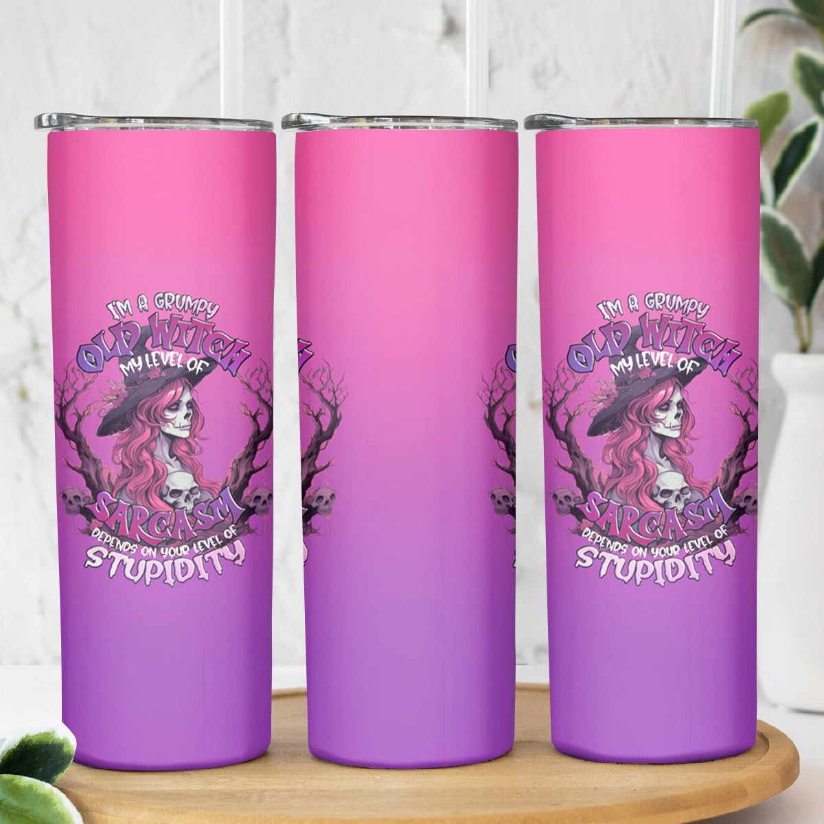 Witch Skull Skinny Tumbler I'm A Grumpy Old Lady Sarcasm Depends On Your Stupidity - Wonder Print Shop