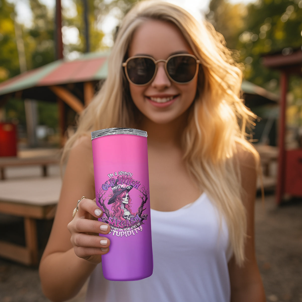 Witch Skull Skinny Tumbler I'm A Grumpy Old Lady Sarcasm Depends On Your Stupidity - Wonder Print Shop