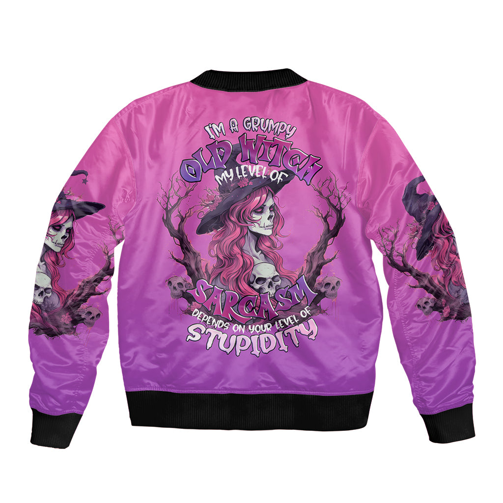 Witch Skull Sleeve Zip Bomber Jacket i'm A Grumpy Old Lady Sarcasm Depends On Your Stupidity - Wonder Print Shop