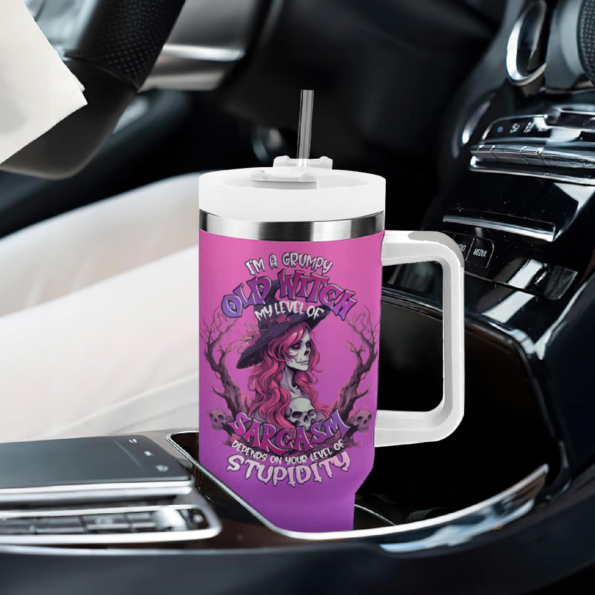 Witch Skull Tumbler With Handle I'm A Grumpy Old Lady Sarcasm Depends On Your Stupidity - Wonder Print Shop