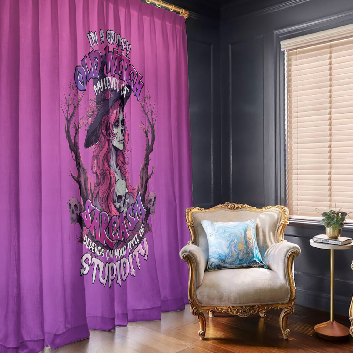 Witch Skull Window Curtain I'm A Grumpy Old Lady Sarcasm Depends On Your Stupidity - Wonder Print Shop