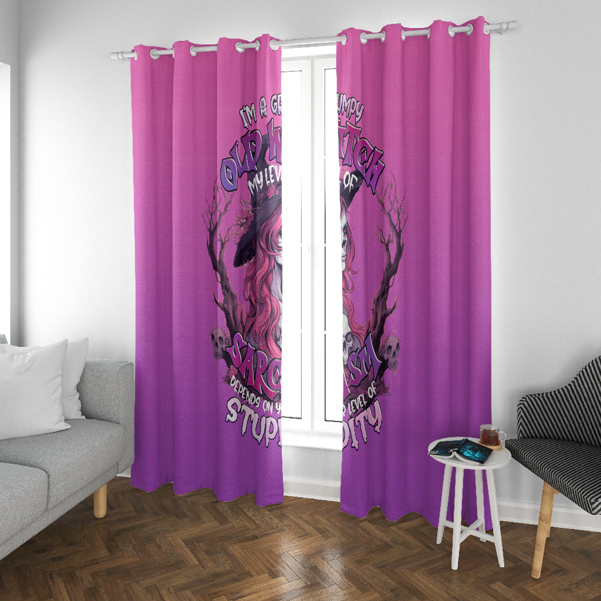 Witch Skull Window Curtain I'm A Grumpy Old Lady Sarcasm Depends On Your Stupidity - Wonder Print Shop
