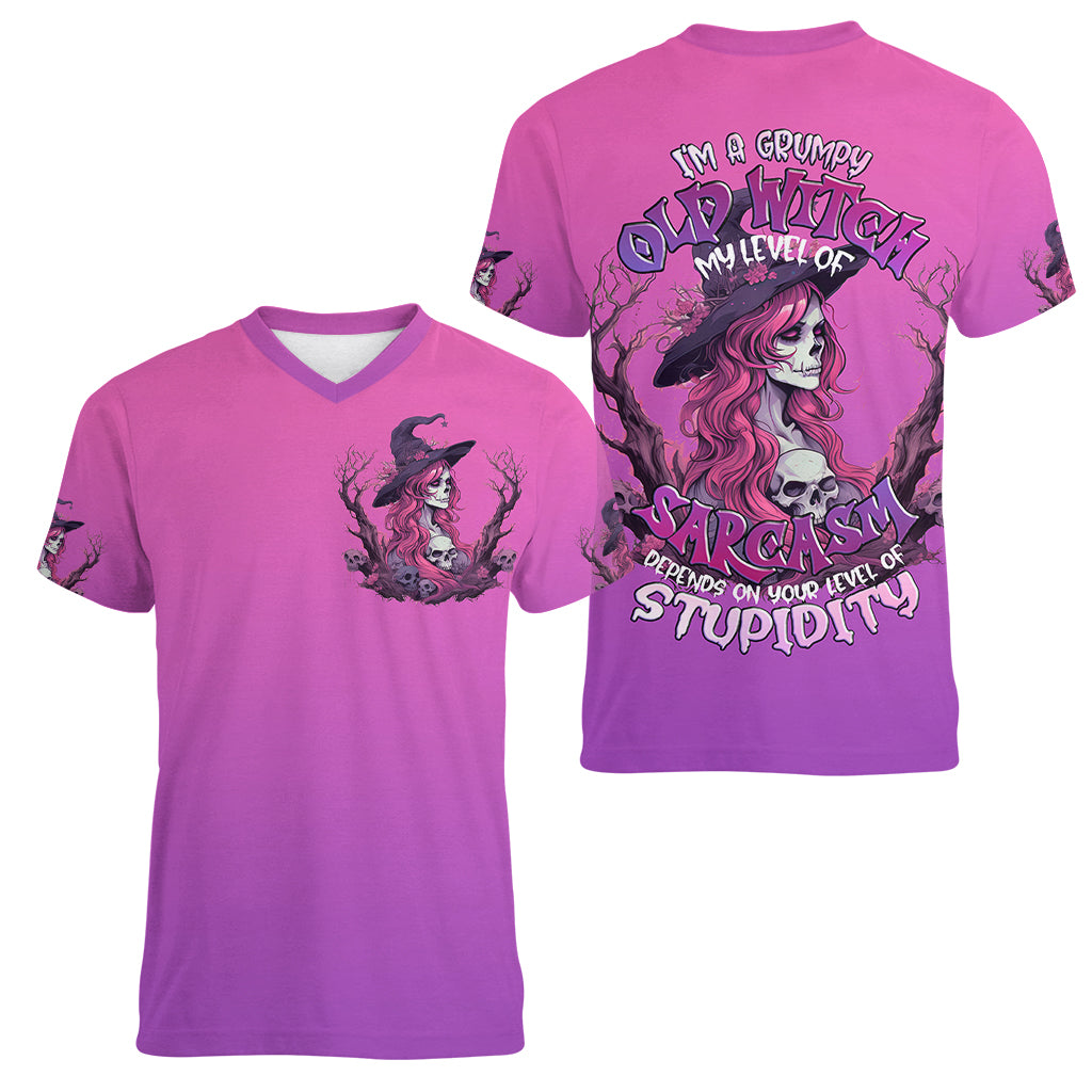 Witch Skull Women V Neck T Shirt i'm A Grumpy Old Lady Sarcasm Depends On Your Stupidity - Wonder Print Shop