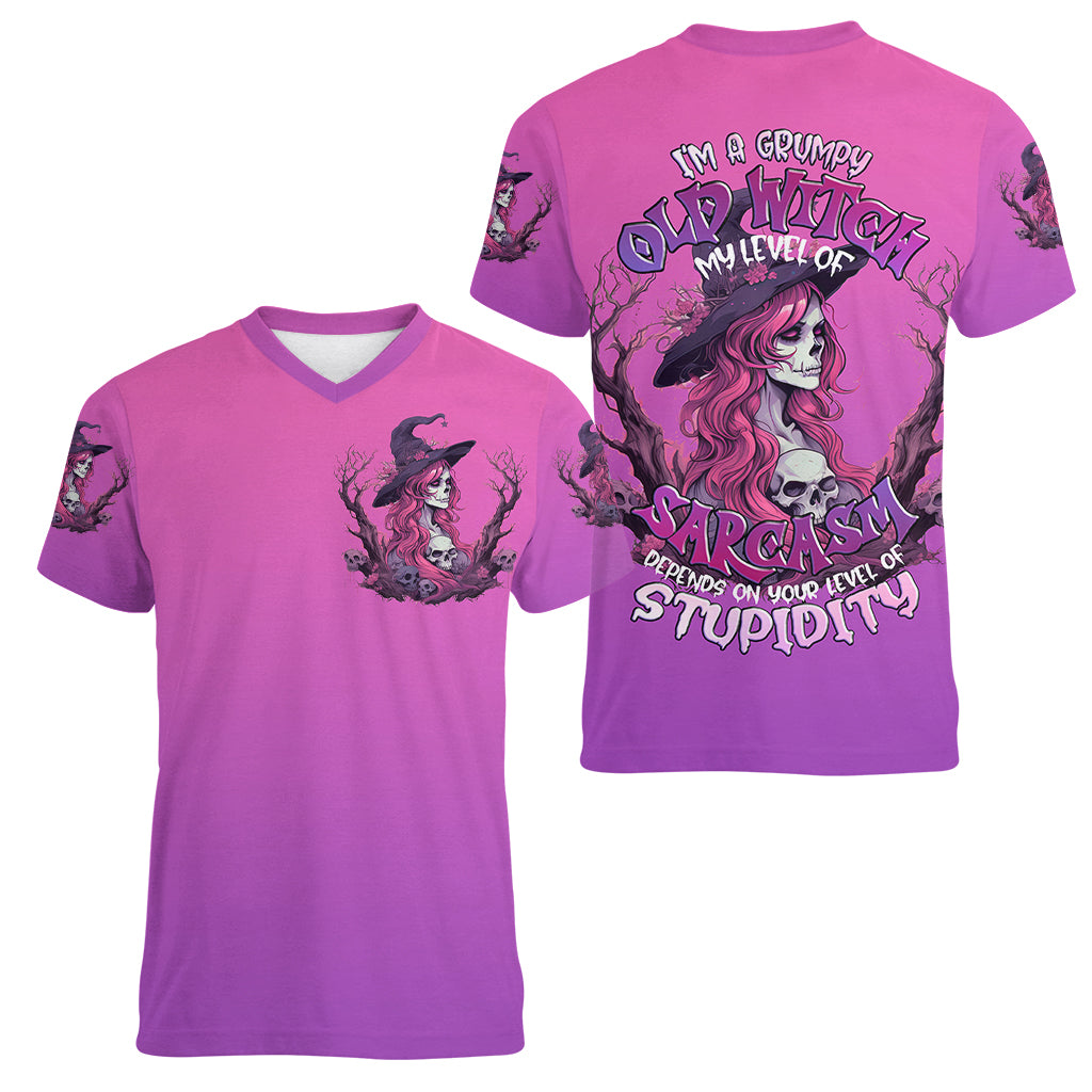 Witch Skull Women V Neck T Shirt I'm A Grumpy Old Lady Sarcasm Depends On Your Stupidity - Wonder Print Shop