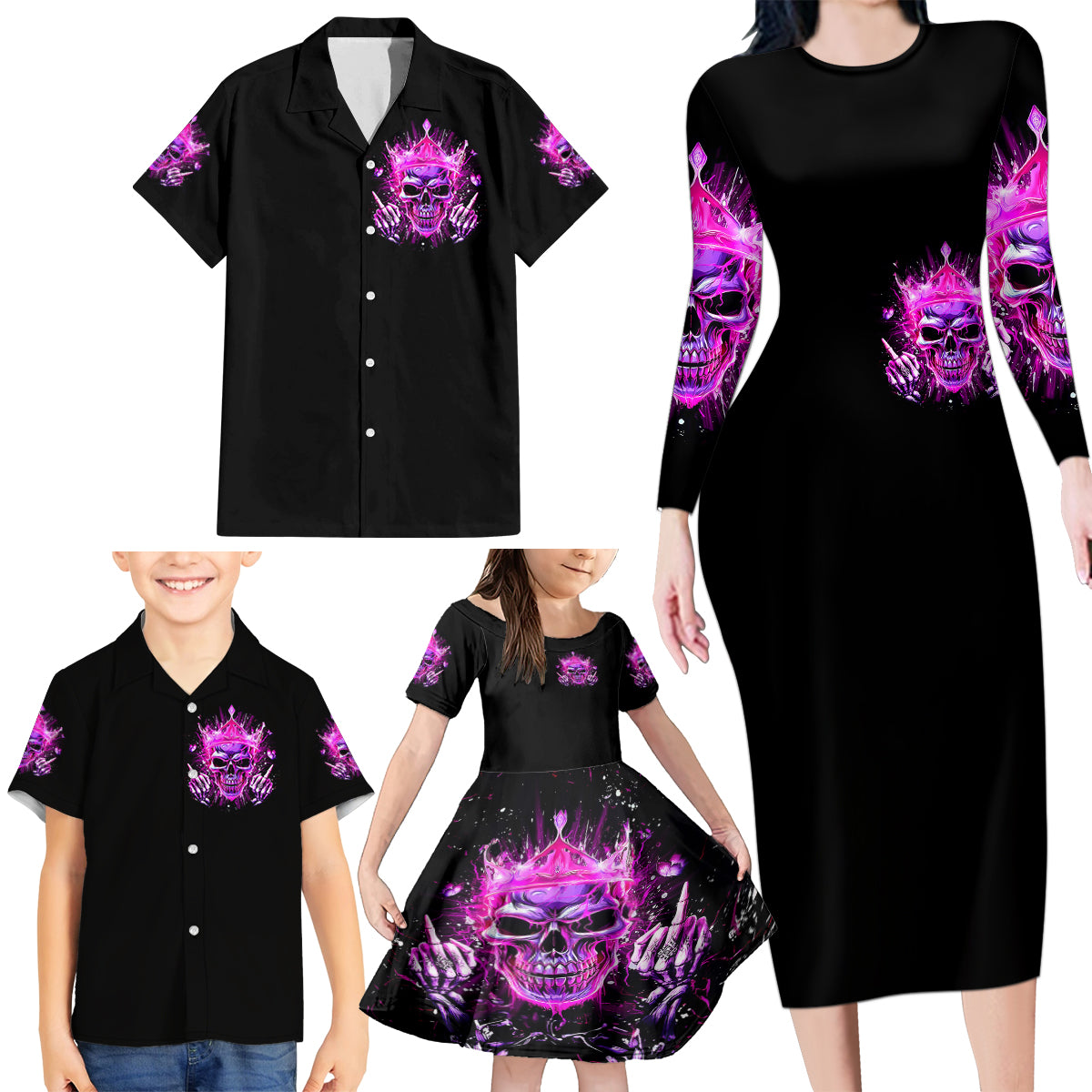 Queen Skull Family Matching Long Sleeve Bodycon Dress and Hawaiian Shirt Bitch I'm Not A Princess I'm The Fucking Queen - Wonder Print Shop