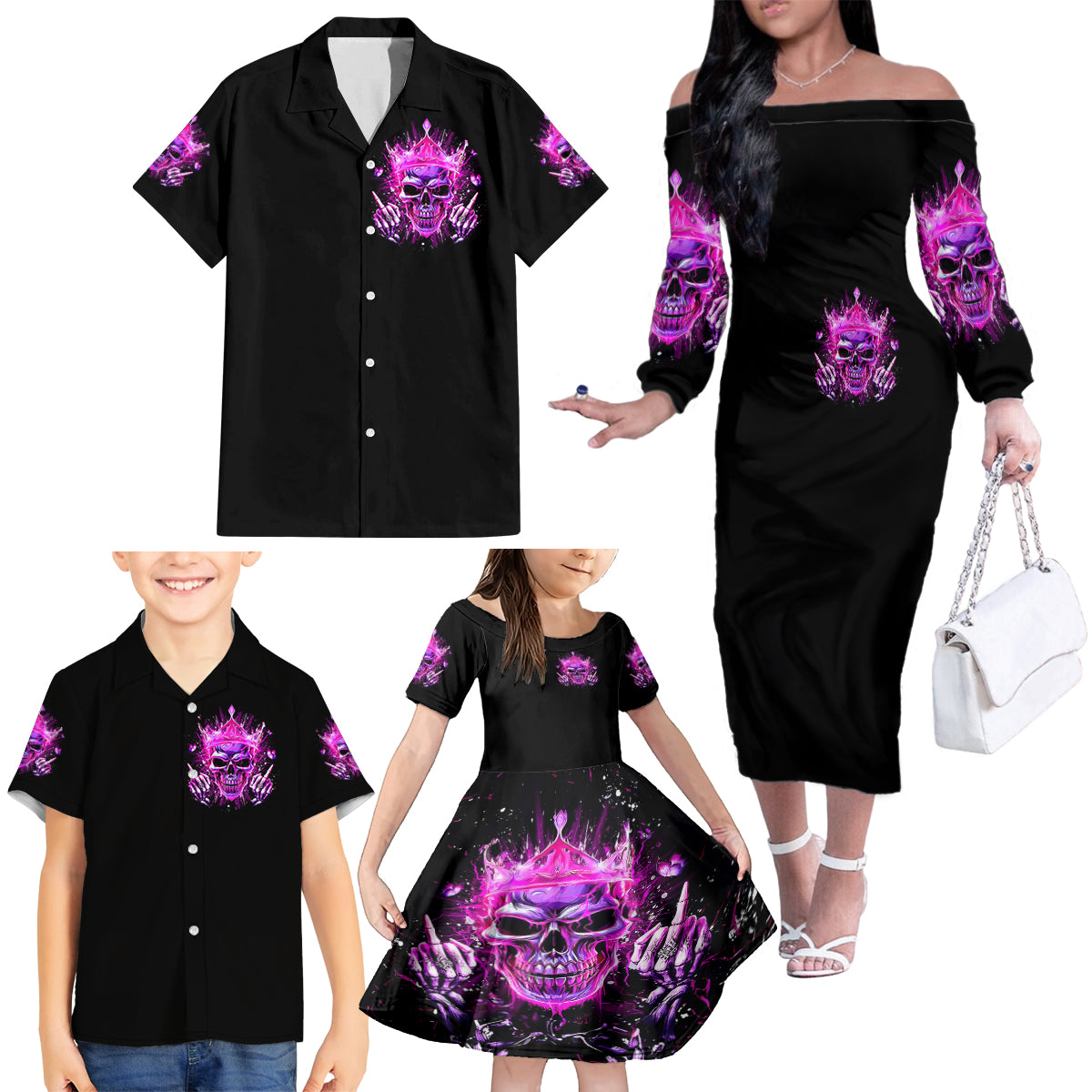 Queen Skull Family Matching Off Shoulder Long Sleeve Dress and Hawaiian Shirt Bitch I'm Not A Princess I'm The Fucking Queen - Wonder Print Shop