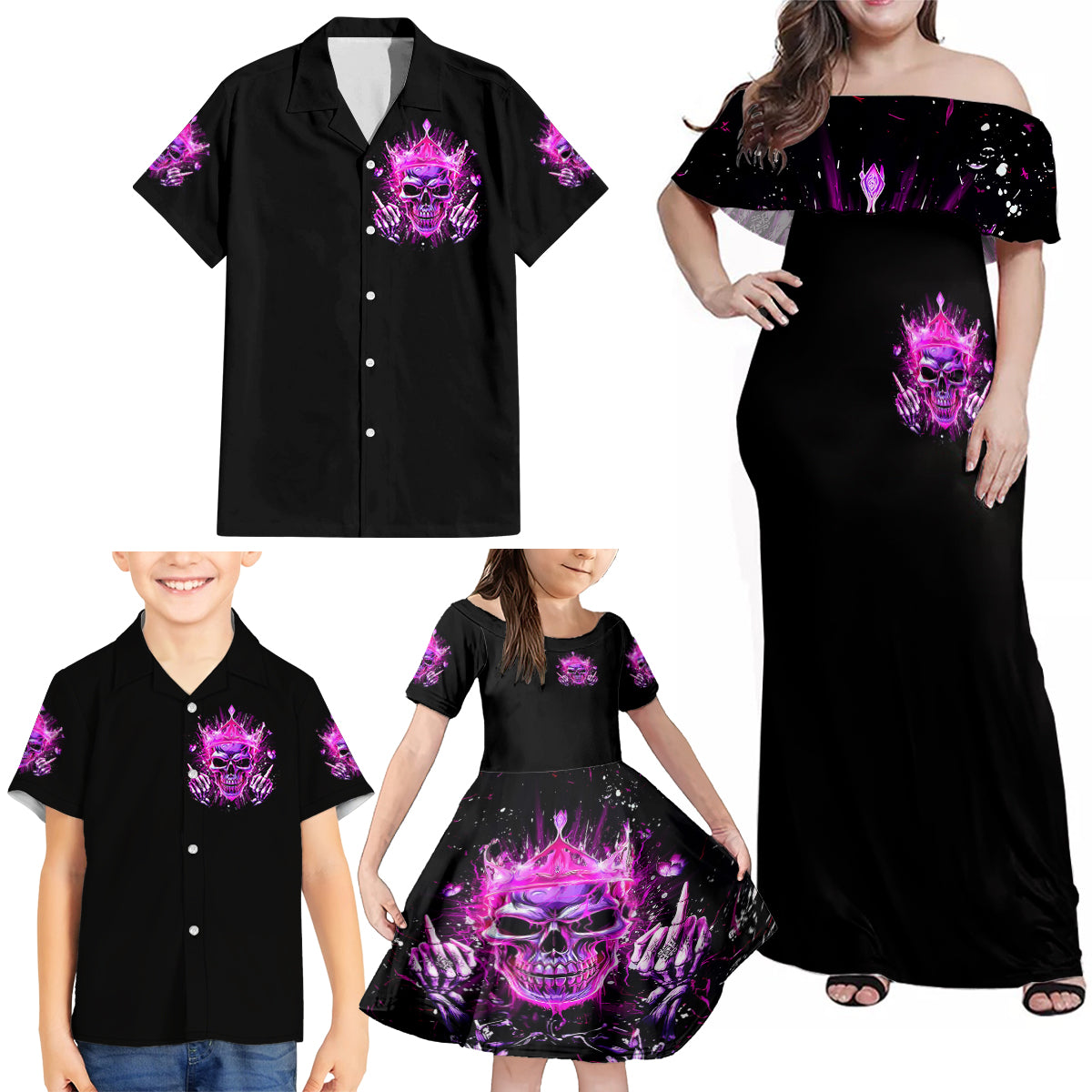 Queen Skull Family Matching Off Shoulder Maxi Dress and Hawaiian Shirt Bitch I'm Not A Princess I'm The Fucking Queen - Wonder Print Shop