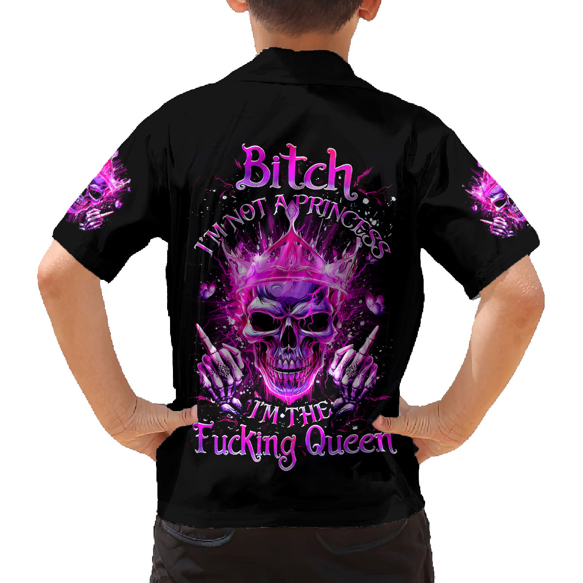 Queen Skull Family Matching Off Shoulder Short Dress and Hawaiian Shirt Bitch I'm Not A Princess I'm The Fucking Queen - Wonder Print Shop