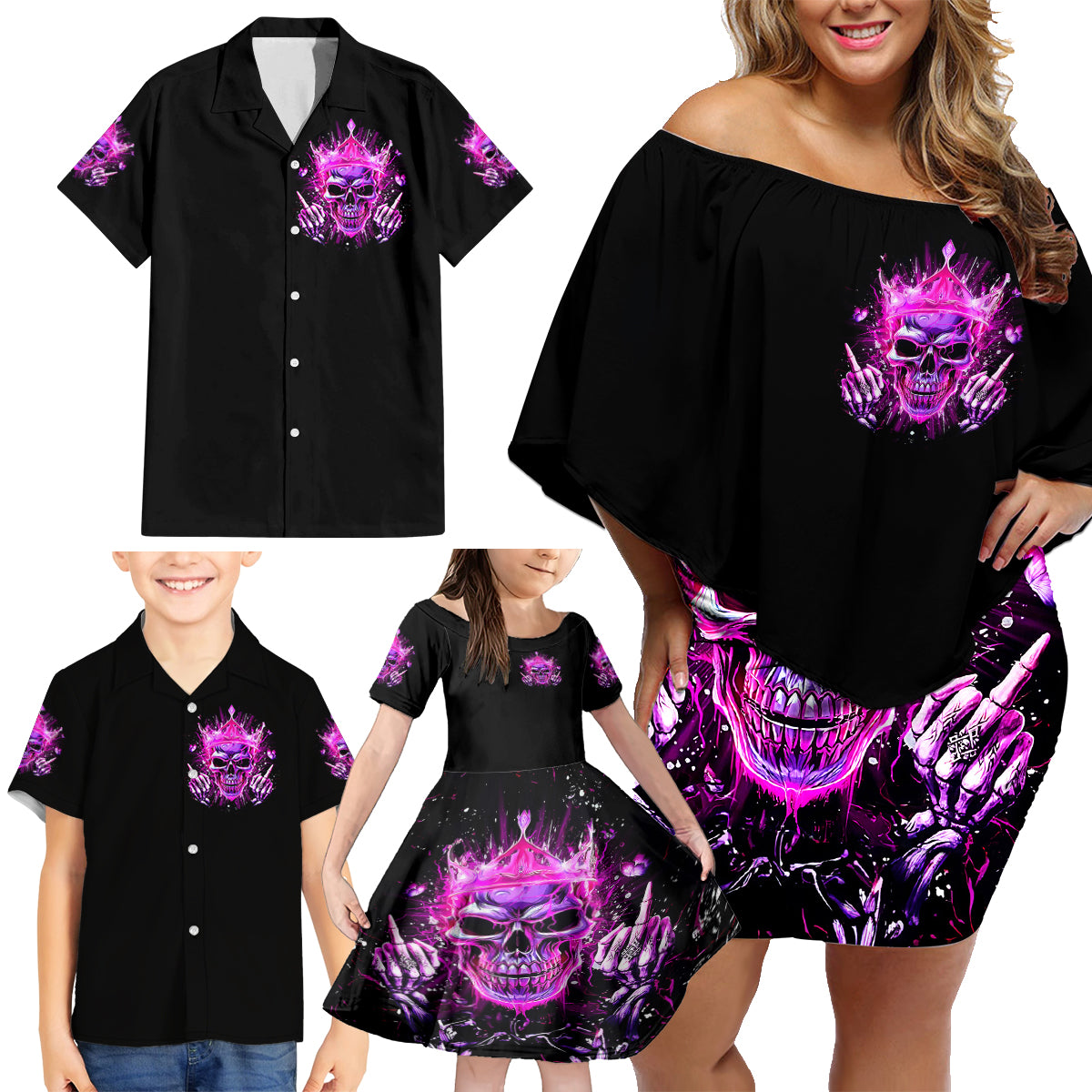 Queen Skull Family Matching Off Shoulder Short Dress and Hawaiian Shirt Bitch I'm Not A Princess I'm The Fucking Queen - Wonder Print Shop