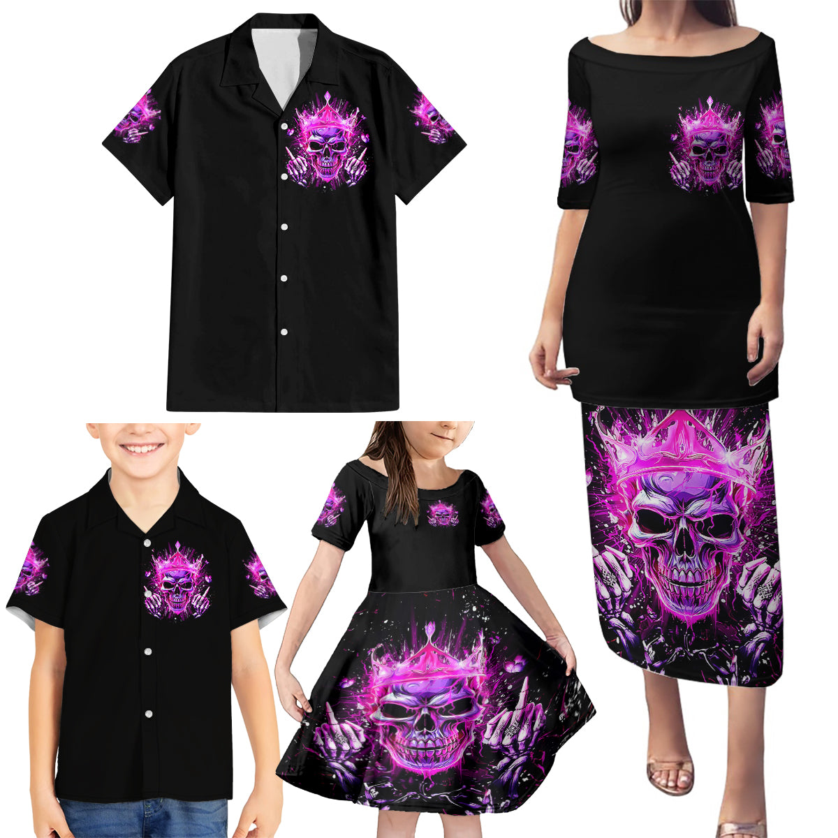 Queen Skull Family Matching Puletasi and Hawaiian Shirt Bitch I'm Not A Princess I'm The Fucking Queen - Wonder Print Shop