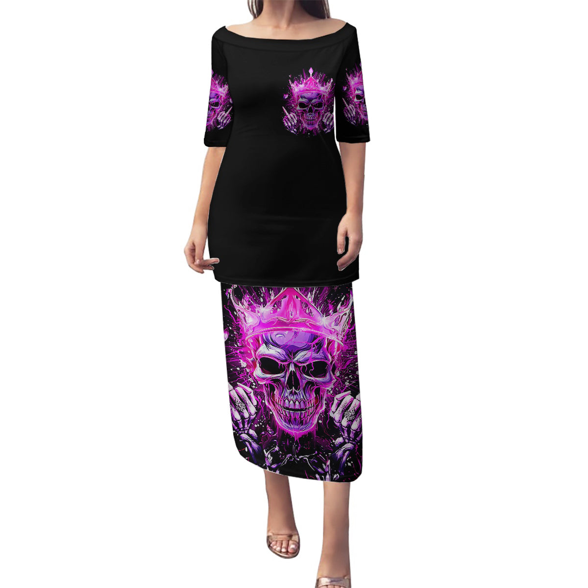 Queen Skull Family Matching Puletasi and Hawaiian Shirt Bitch I'm Not A Princess I'm The Fucking Queen - Wonder Print Shop