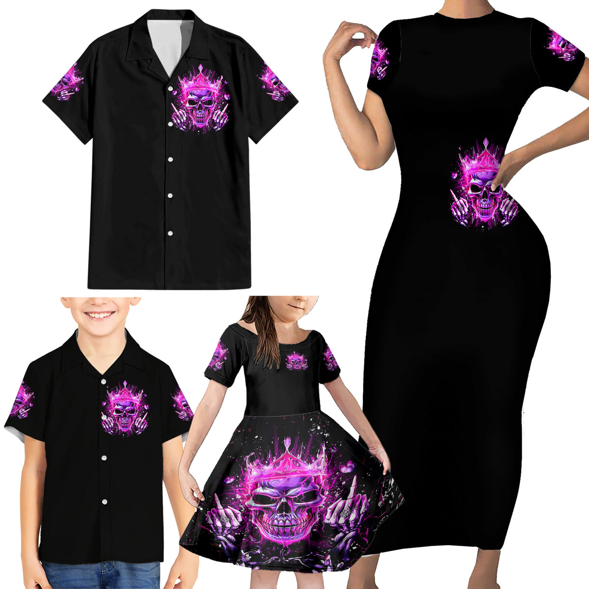 Queen Skull Family Matching Short Sleeve Bodycon Dress and Hawaiian Shirt Bitch I'm Not A Princess I'm The Fucking Queen - Wonder Print Shop