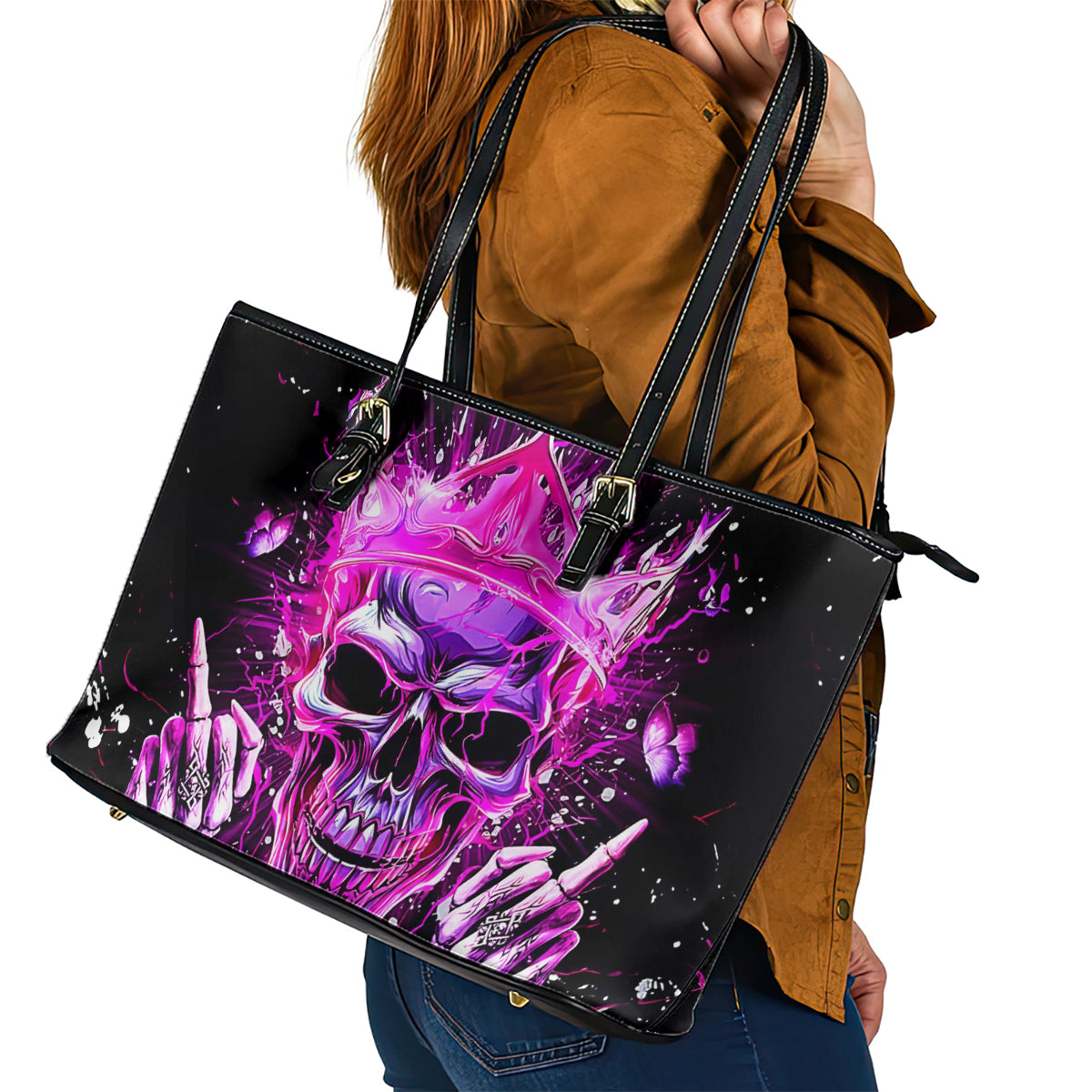 Queen Skull Leather Tote Bag Bitch I'm Not A Princess I'm The Fucking Queen - Wonder Print Shop