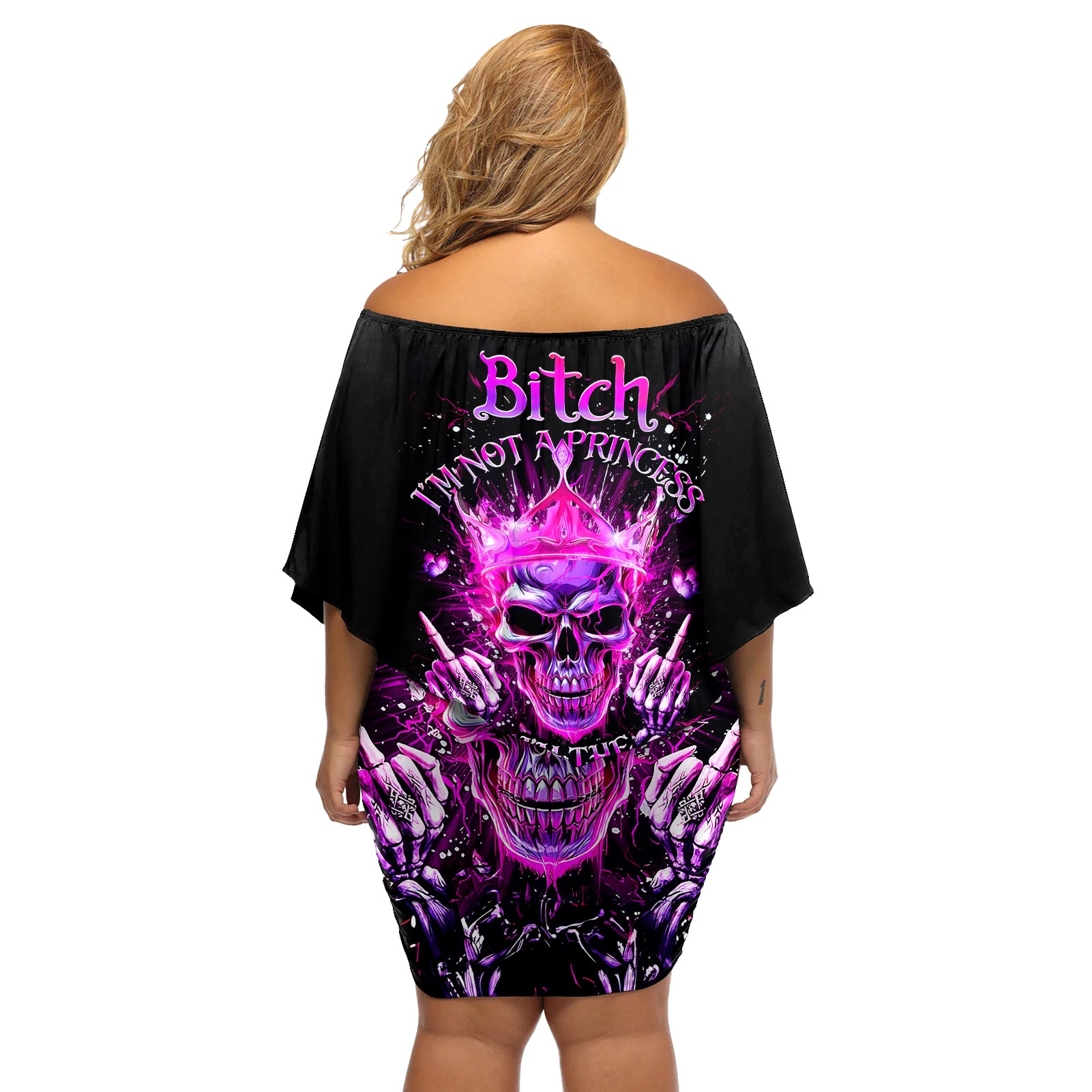 Queen Skull Off Shoulder Short Dress Bitch I'm Not A Princess I'm The Fucking Queen - Wonder Print Shop