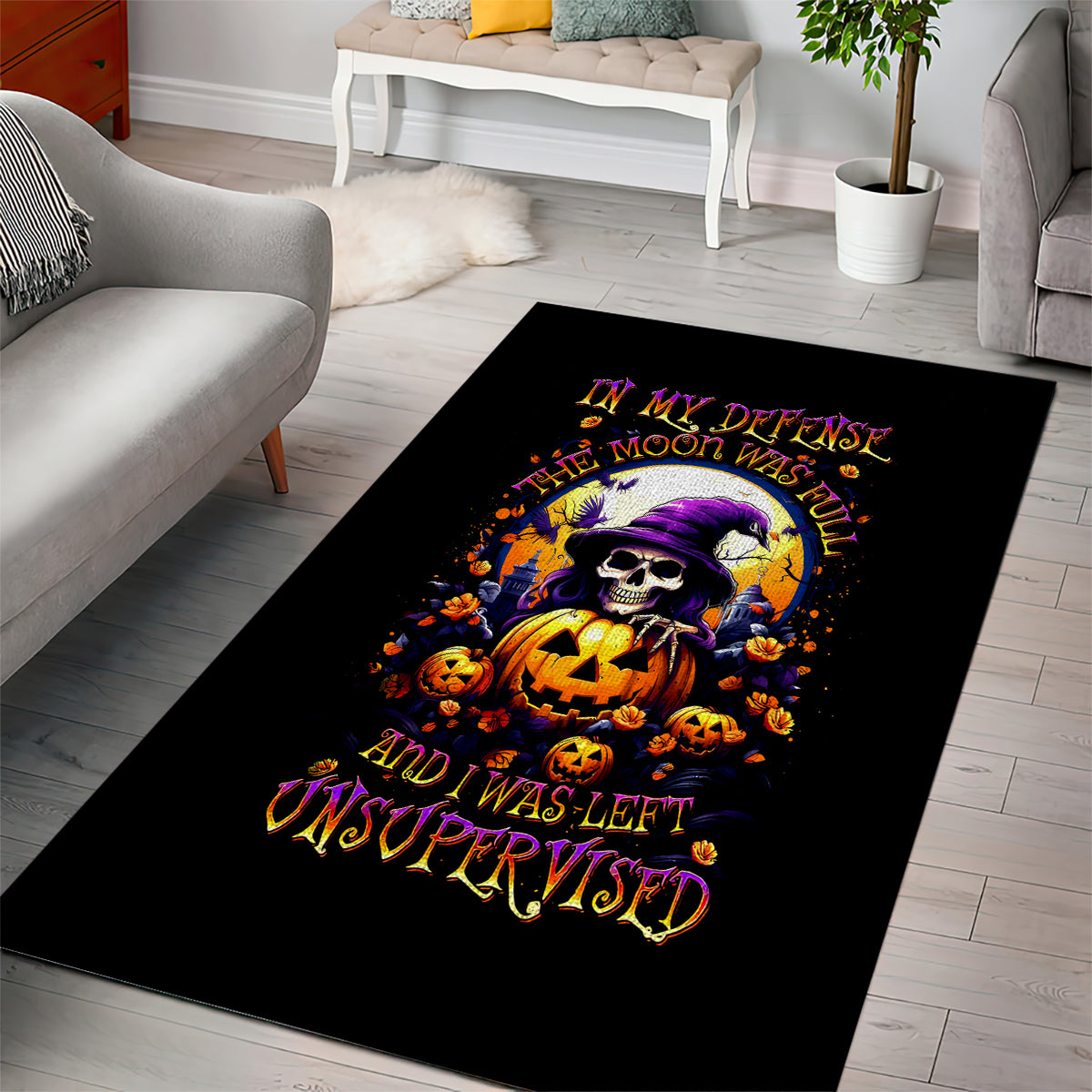 Pumpkin Witch Skull Area Rug In My Defense The Moon Was Full And I Was Left Unsupervided - Wonder Print Shop