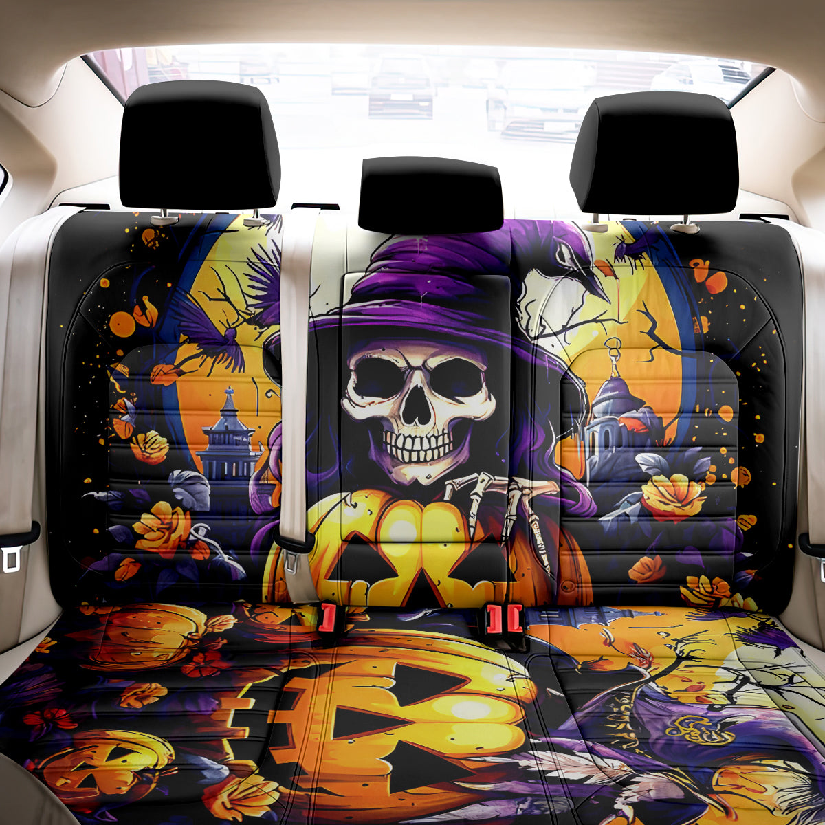 Pumpkin Witch Skull Back Car Seat Cover In My Defense The Moon Was Full And I Was Left Unsupervided - Wonder Print Shop
