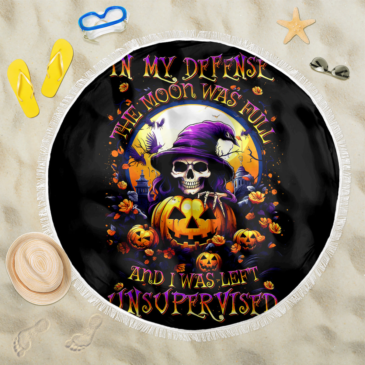 Pumpkin Witch Skull Beach Blanket In My Defense The Moon Was Full And I Was Left Unsupervided - Wonder Print Shop