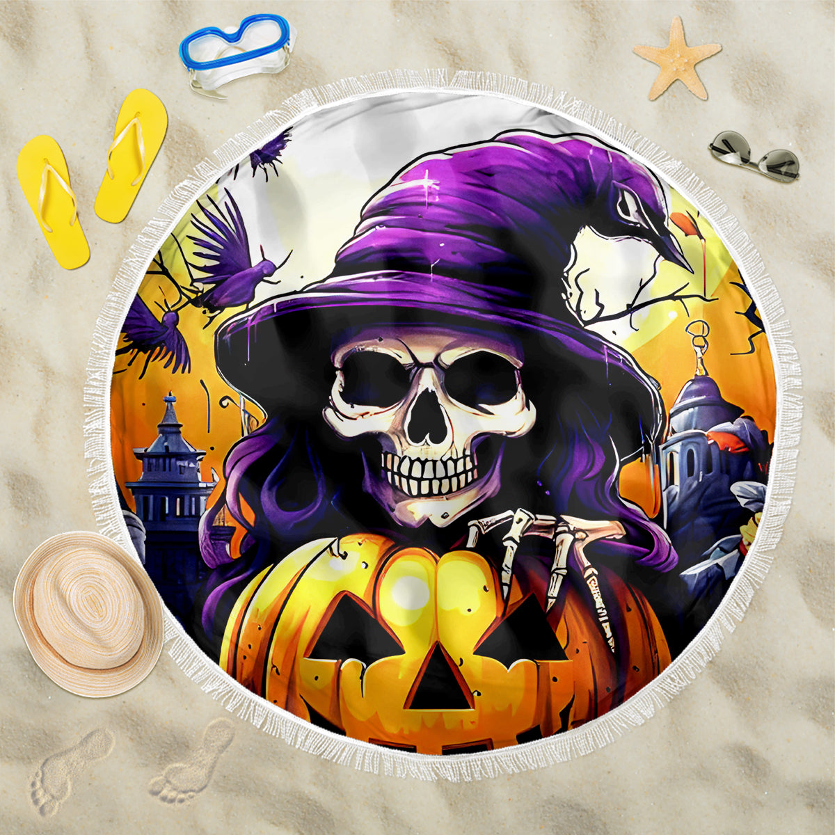 Pumpkin Witch Skull Beach Blanket In My Defense The Moon Was Full And I Was Left Unsupervided - Wonder Print Shop