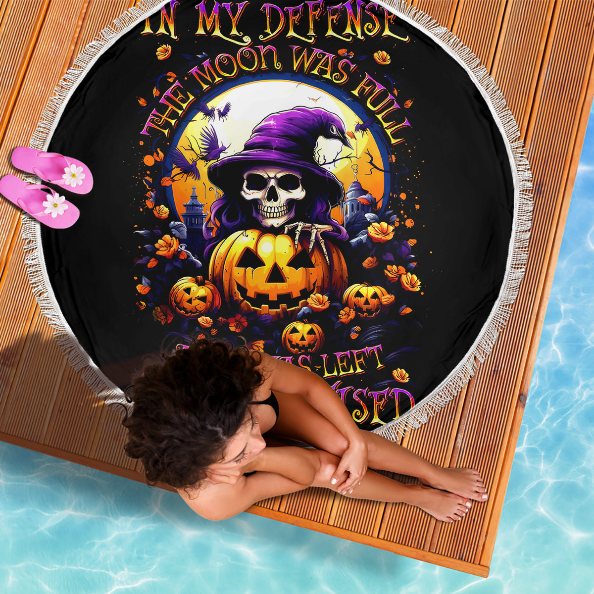 Pumpkin Witch Skull Beach Blanket In My Defense The Moon Was Full And I Was Left Unsupervided - Wonder Print Shop