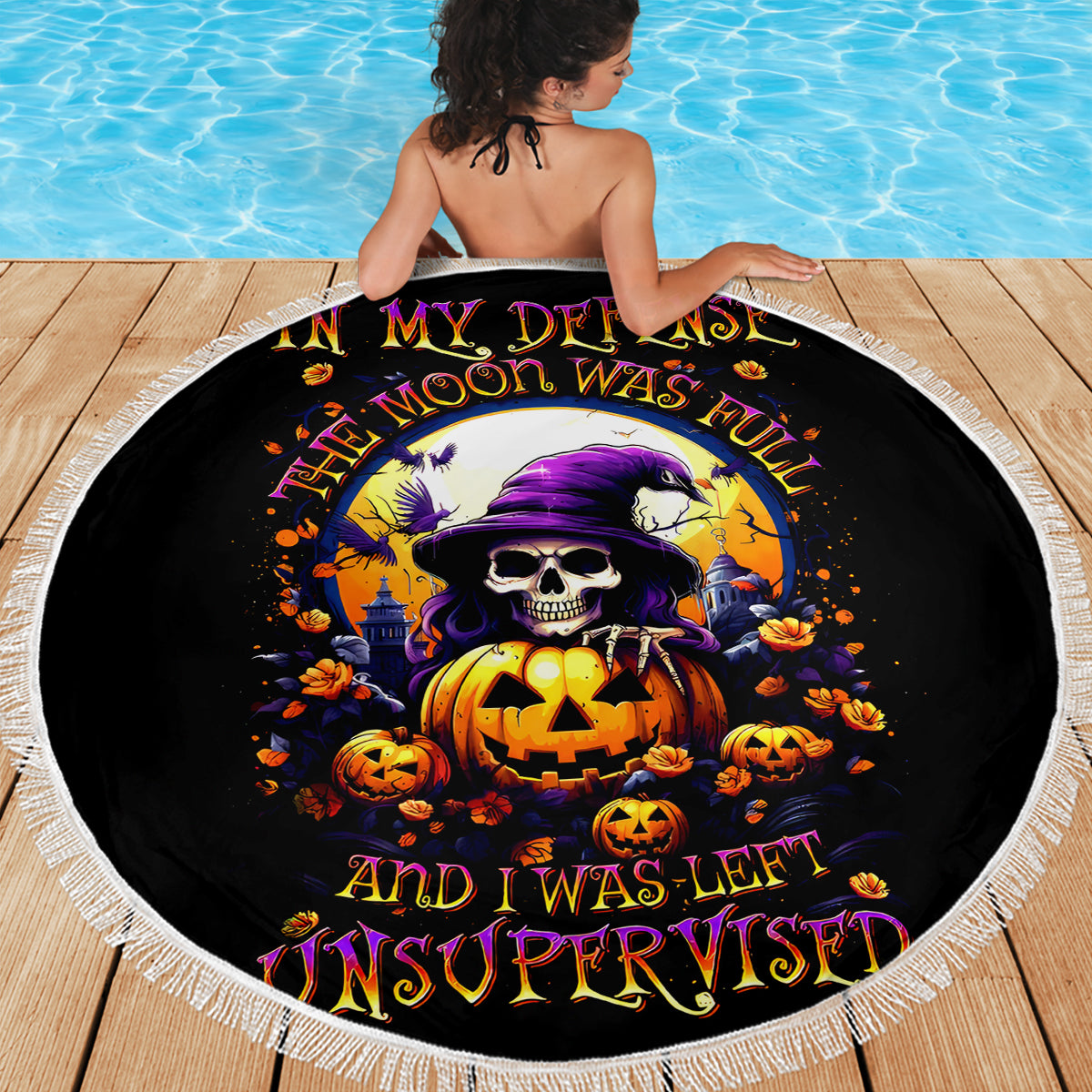 Pumpkin Witch Skull Beach Blanket In My Defense The Moon Was Full And I Was Left Unsupervided - Wonder Print Shop