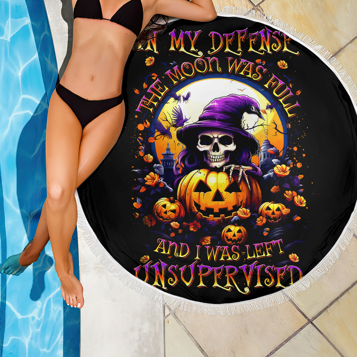Pumpkin Witch Skull Beach Blanket In My Defense The Moon Was Full And I Was Left Unsupervided - Wonder Print Shop
