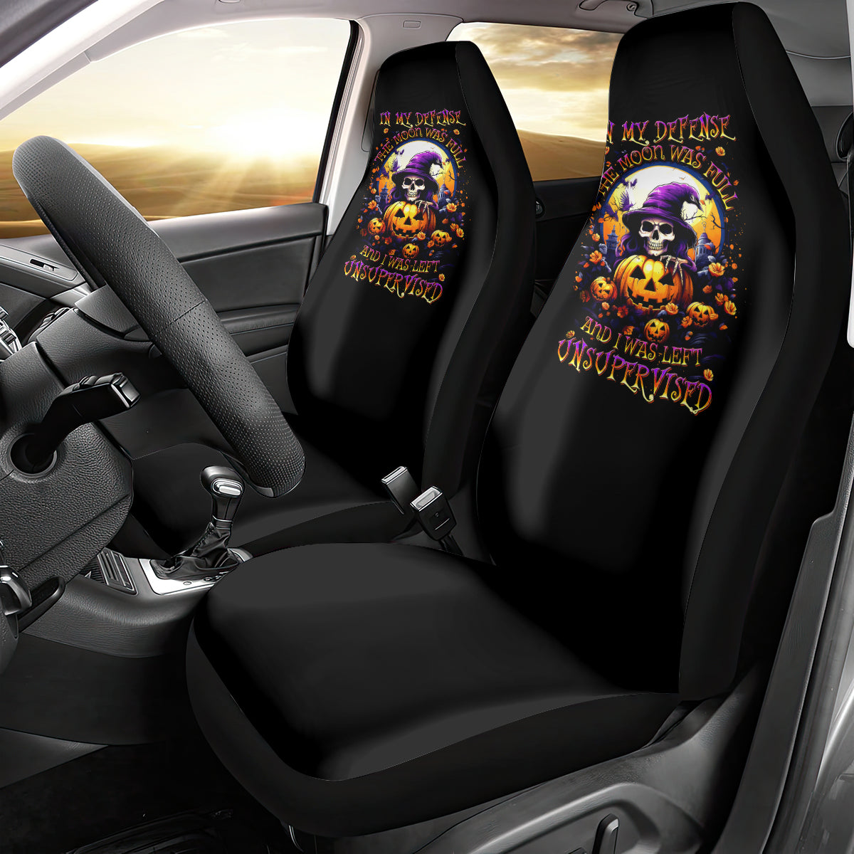 Pumpkin Witch Skull Car Seat Cover In My Defense The Moon Was Full And I Was Left Unsupervided - Wonder Print Shop