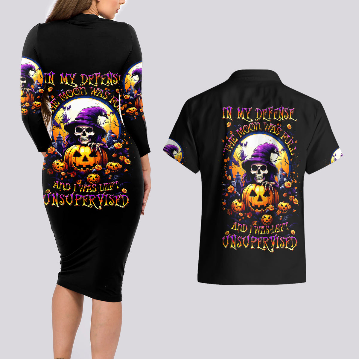 Pumpkin Witch Skull Couples Matching Long Sleeve Bodycon Dress and Hawaiian Shirt In My Defense The Moon Was Full And I Was Left Unsupervided - Wonder Print Shop
