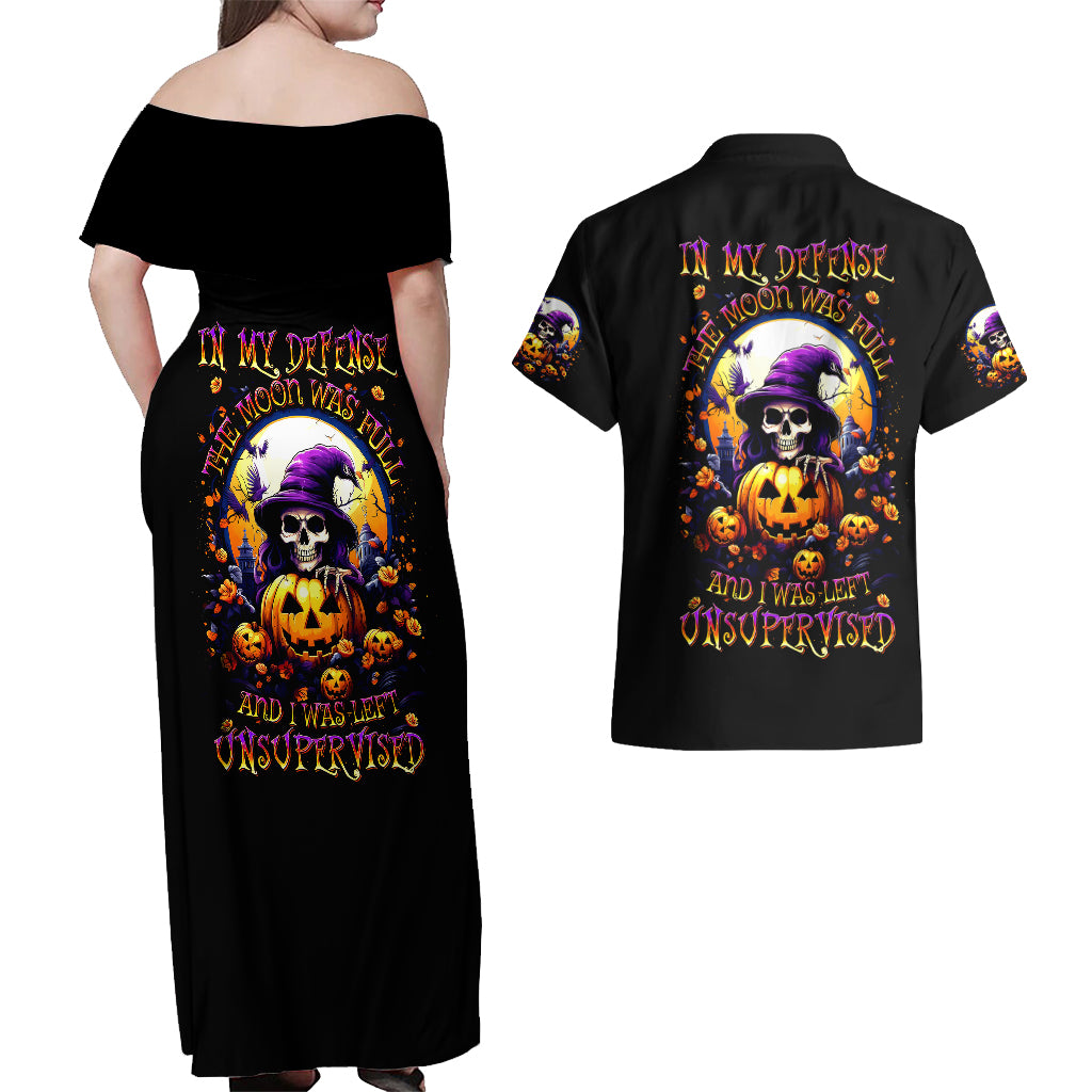 Pumpkin Witch Skull Couples Matching Off Shoulder Maxi Dress and Hawaiian Shirt In My Defense The Moon Was Full And I Was Left Unsupervided - Wonder Print Shop