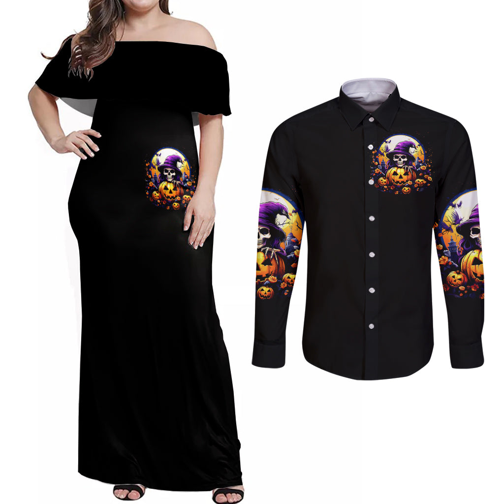 Pumpkin Witch Skull Couples Matching Off Shoulder Maxi Dress and Long Sleeve Button Shirts In My Defense The Moon Was Full And I Was Left Unsupervided - Wonder Print Shop
