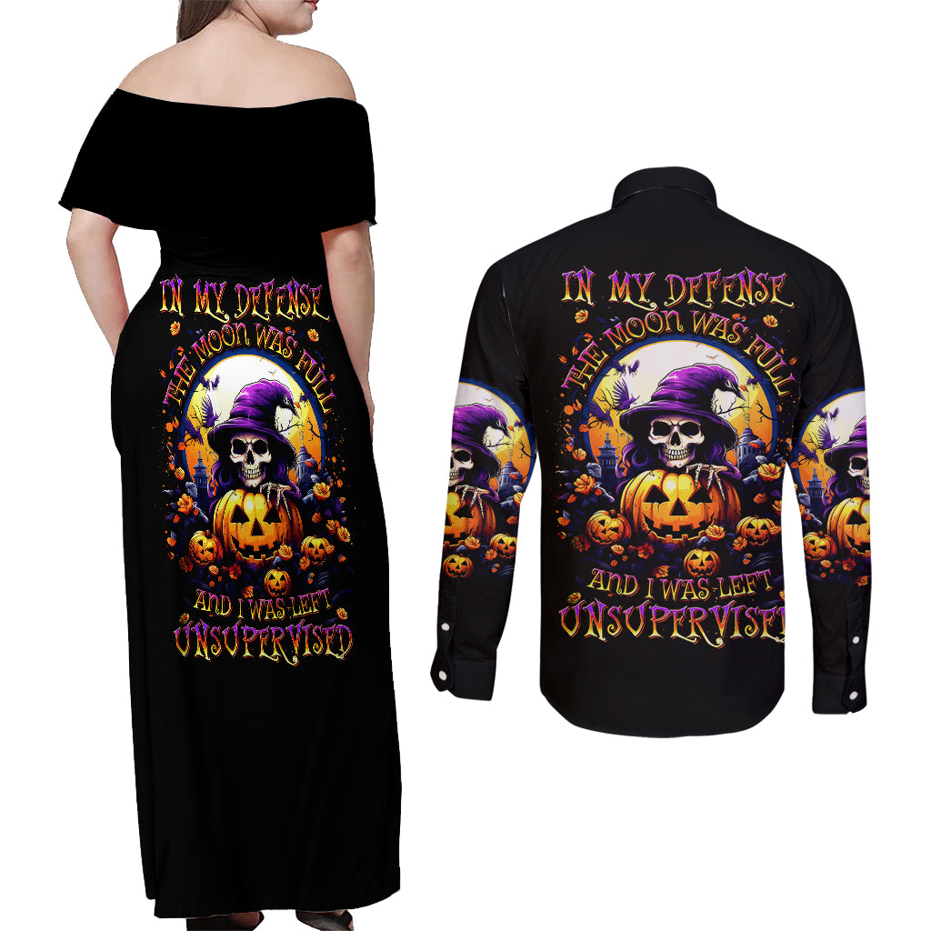 Pumpkin Witch Skull Couples Matching Off Shoulder Maxi Dress and Long Sleeve Button Shirts In My Defense The Moon Was Full And I Was Left Unsupervided - Wonder Print Shop