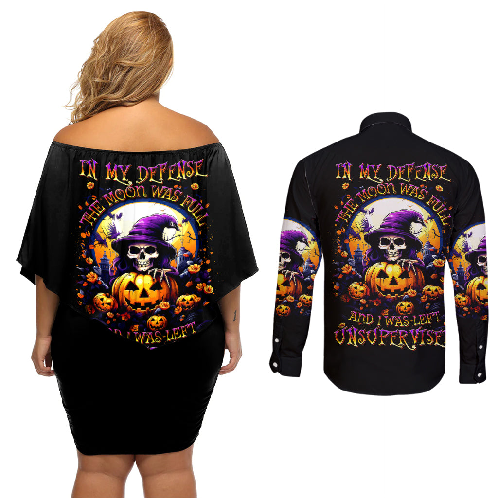 Pumpkin Witch Skull Couples Matching Off Shoulder Short Dress and Long Sleeve Button Shirts In My Defense The Moon Was Full And I Was Left Unsupervided - Wonder Print Shop