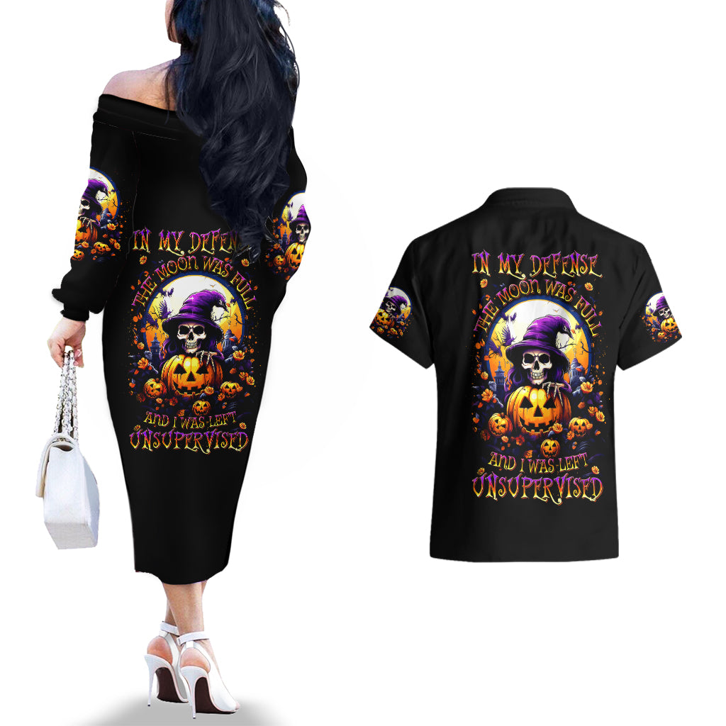 Pumpkin Witch Skull Couples Matching Off The Shoulder Long Sleeve Dress and Hawaiian Shirt In My Defense The Moon Was Full And I Was Left Unsupervided - Wonder Print Shop