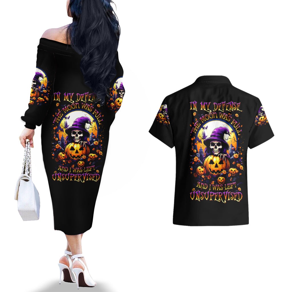 Pumpkin Witch Skull Couples Matching Off The Shoulder Long Sleeve Dress and Hawaiian Shirt In My Defense The Moon Was Full And I Was Left Unsupervided - Wonder Print Shop