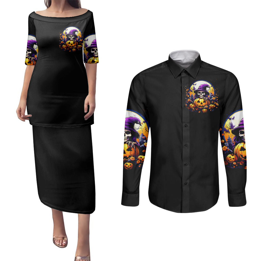 Pumpkin Witch Skull Couples Matching Puletasi Dress and Long Sleeve Button Shirts In My Defense The Moon Was Full And I Was Left Unsupervided - Wonder Print Shop
