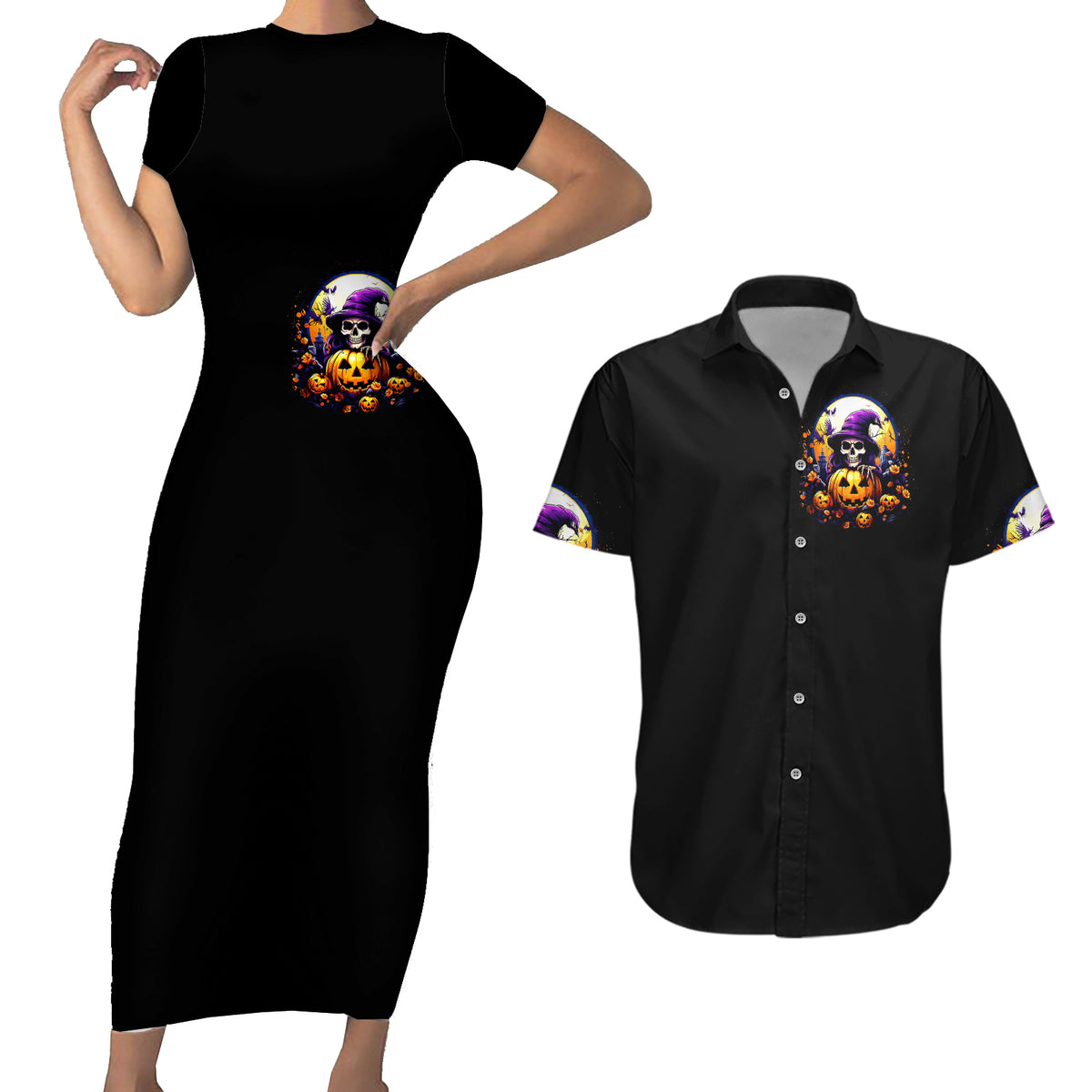 Pumpkin Witch Skull Couples Matching Short Sleeve Bodycon Dress and Hawaiian Shirt In My Defense The Moon Was Full And I Was Left Unsupervided - Wonder Print Shop