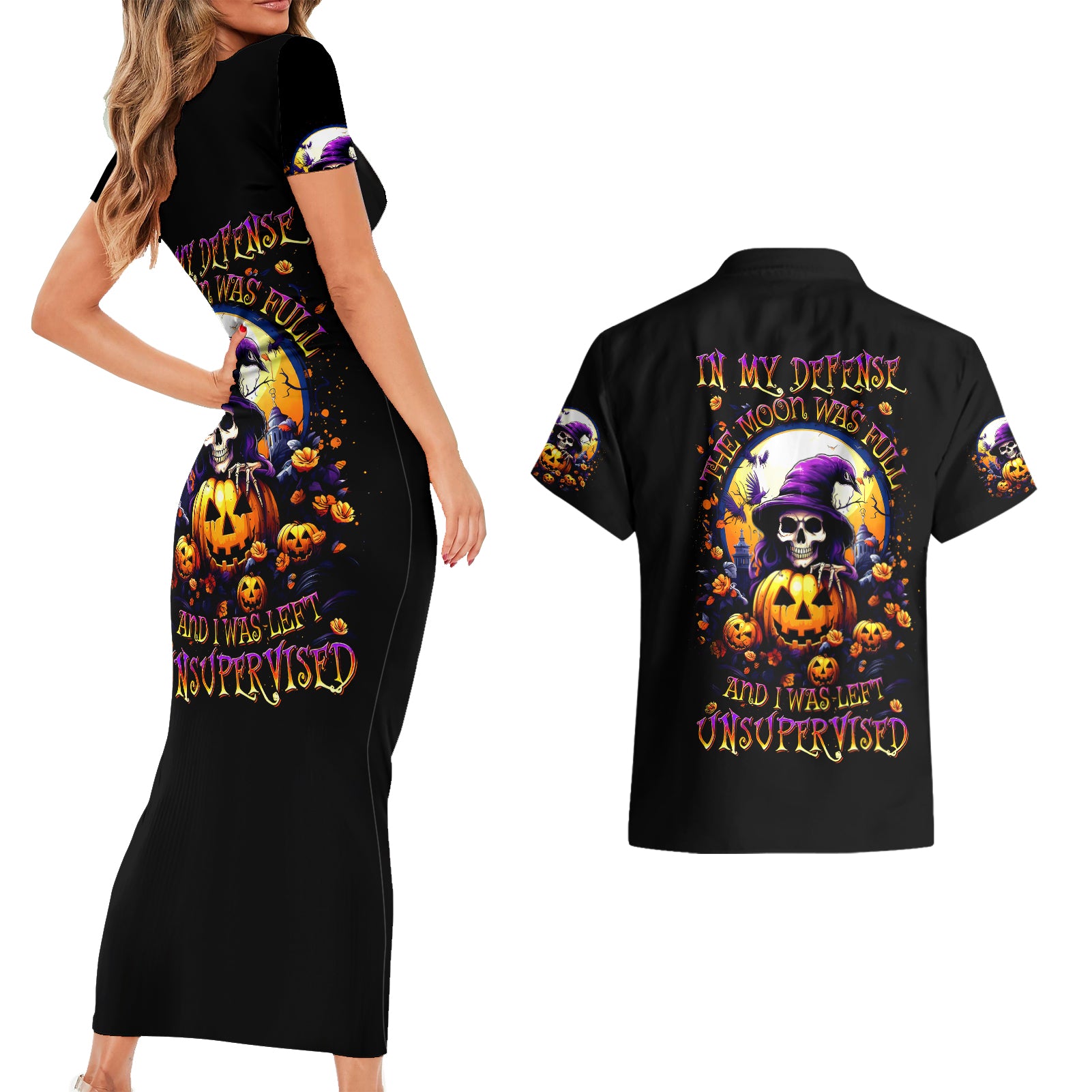 Pumpkin Witch Skull Couples Matching Short Sleeve Bodycon Dress and Hawaiian Shirt In My Defense The Moon Was Full And I Was Left Unsupervided - Wonder Print Shop