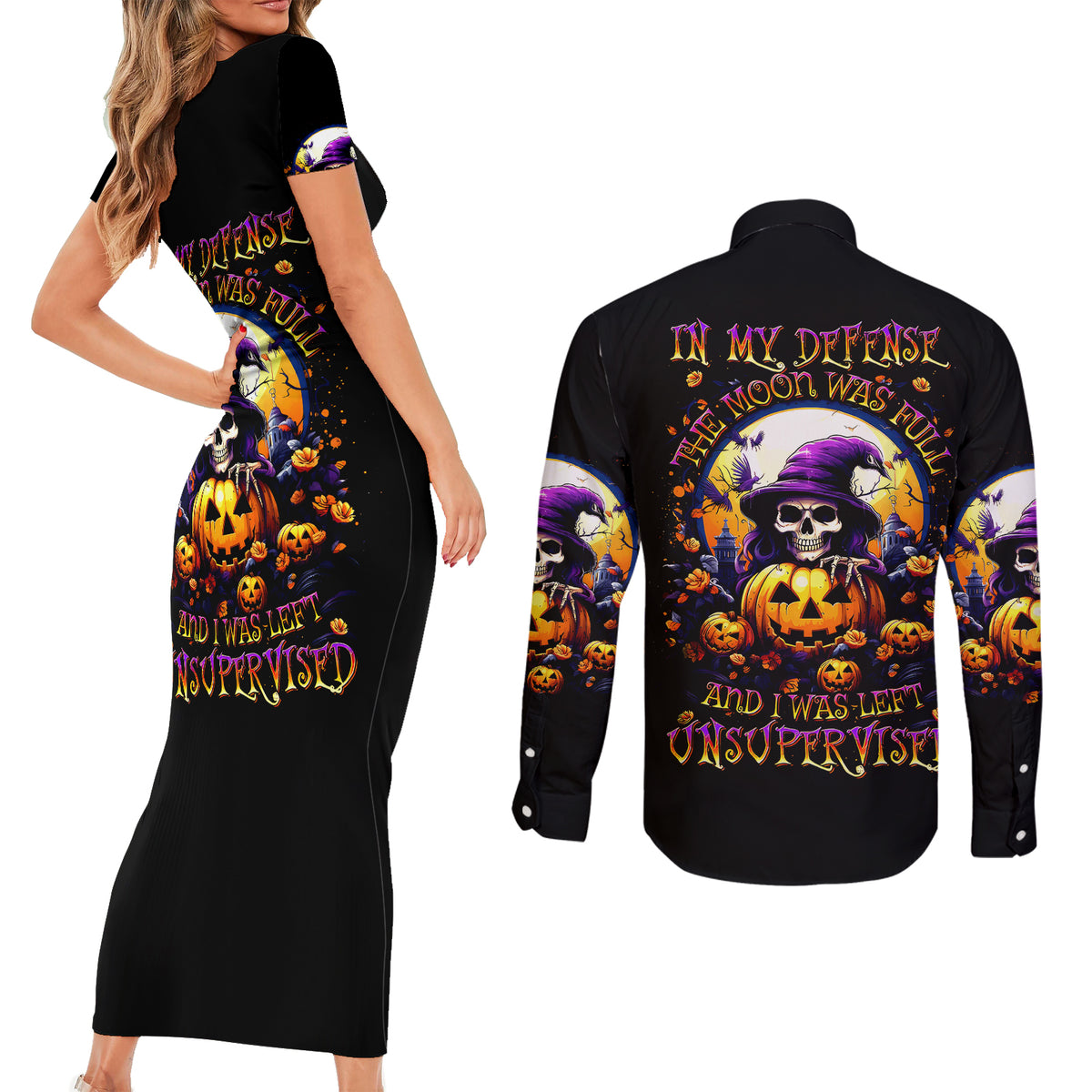 Pumpkin Witch Skull Couples Matching Short Sleeve Bodycon Dress and Long Sleeve Button Shirts In My Defense The Moon Was Full And I Was Left Unsupervided - Wonder Print Shop