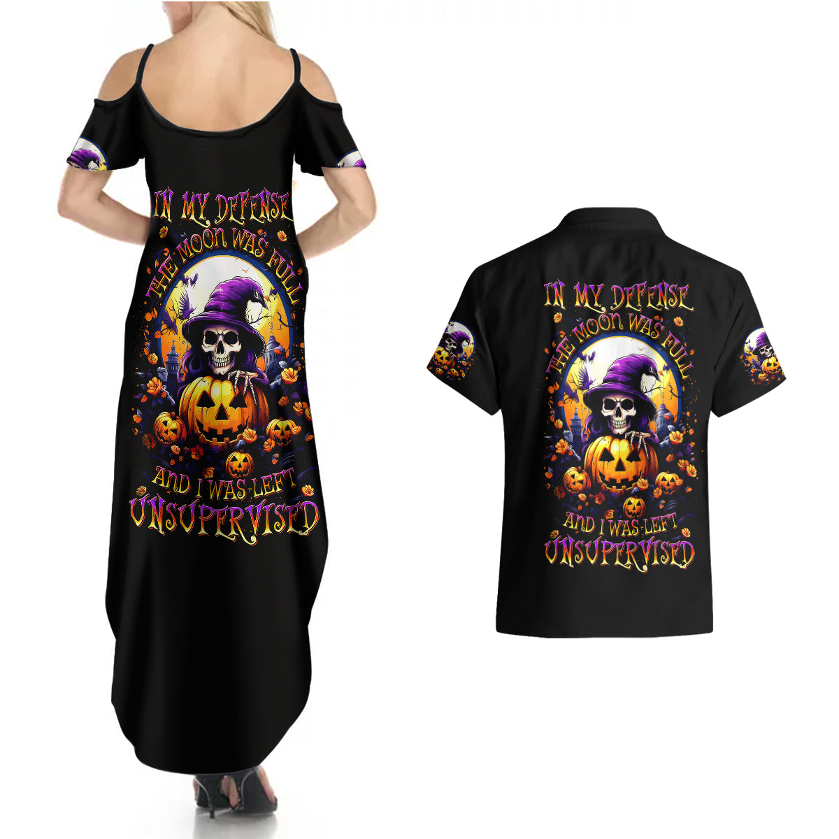 Pumpkin Witch Skull Couples Matching Summer Maxi Dress and Hawaiian Shirt In My Defense The Moon Was Full And I Was Left Unsupervided - Wonder Print Shop