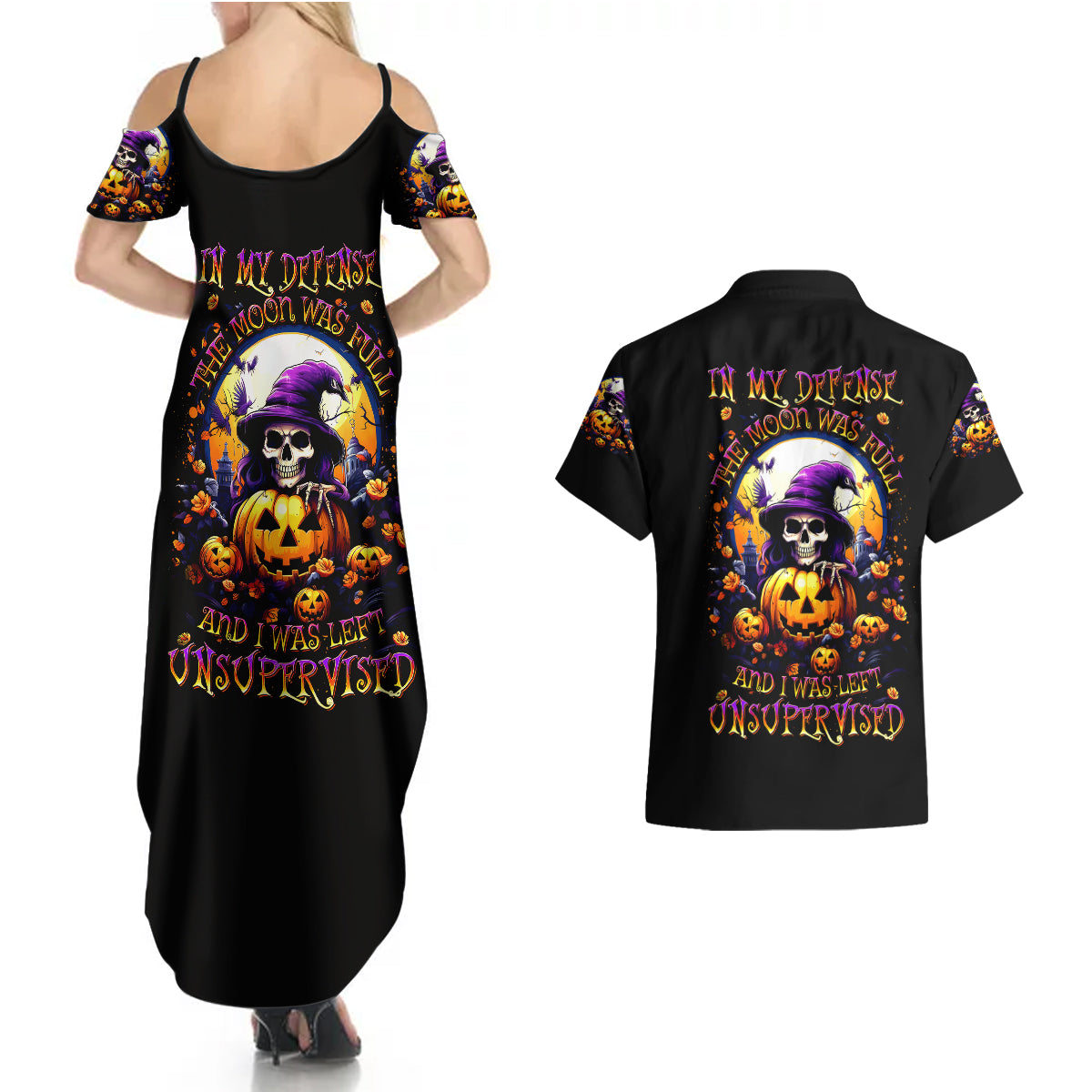 Pumpkin Witch Skull Couples Matching Summer Maxi Dress and Hawaiian Shirt In My Defense The Moon Was Full And I Was Left Unsupervided - Wonder Print Shop