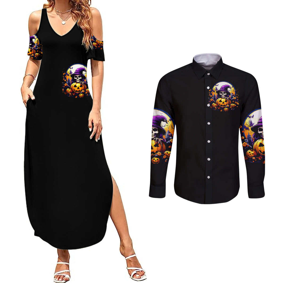 Pumpkin Witch Skull Couples Matching Summer Maxi Dress and Long Sleeve Button Shirts In My Defense The Moon Was Full And I Was Left Unsupervided - Wonder Print Shop