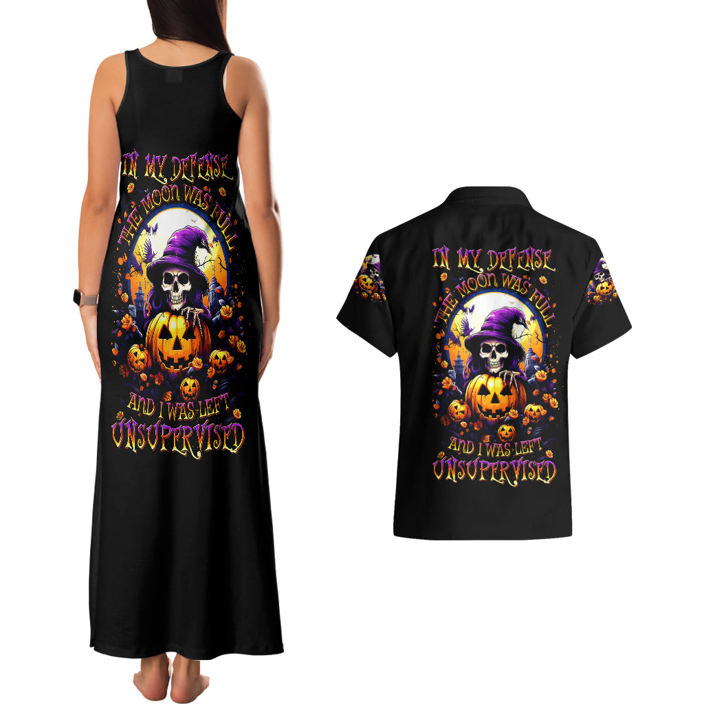Pumpkin Witch Skull Couples Matching Tank Maxi Dress and Hawaiian Shirt In My Defense The Moon Was Full And I Was Left Unsupervided - Wonder Print Shop