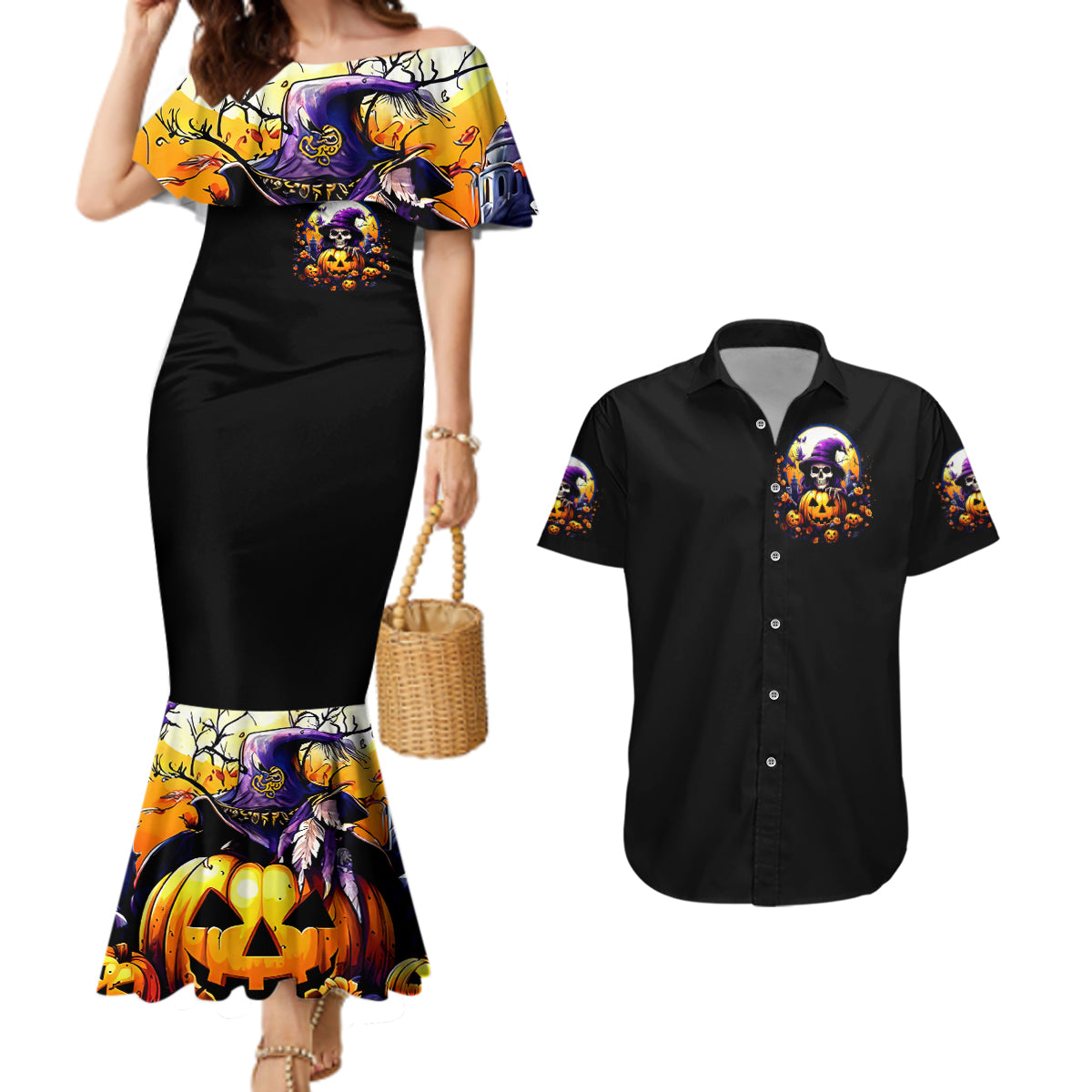 Pumpkin Witch Skull Couples Matching Mermaid Dress and Hawaiian Shirt In My Defense The Moon Was Full And I Was Left Unsupervided - Wonder Print Shop