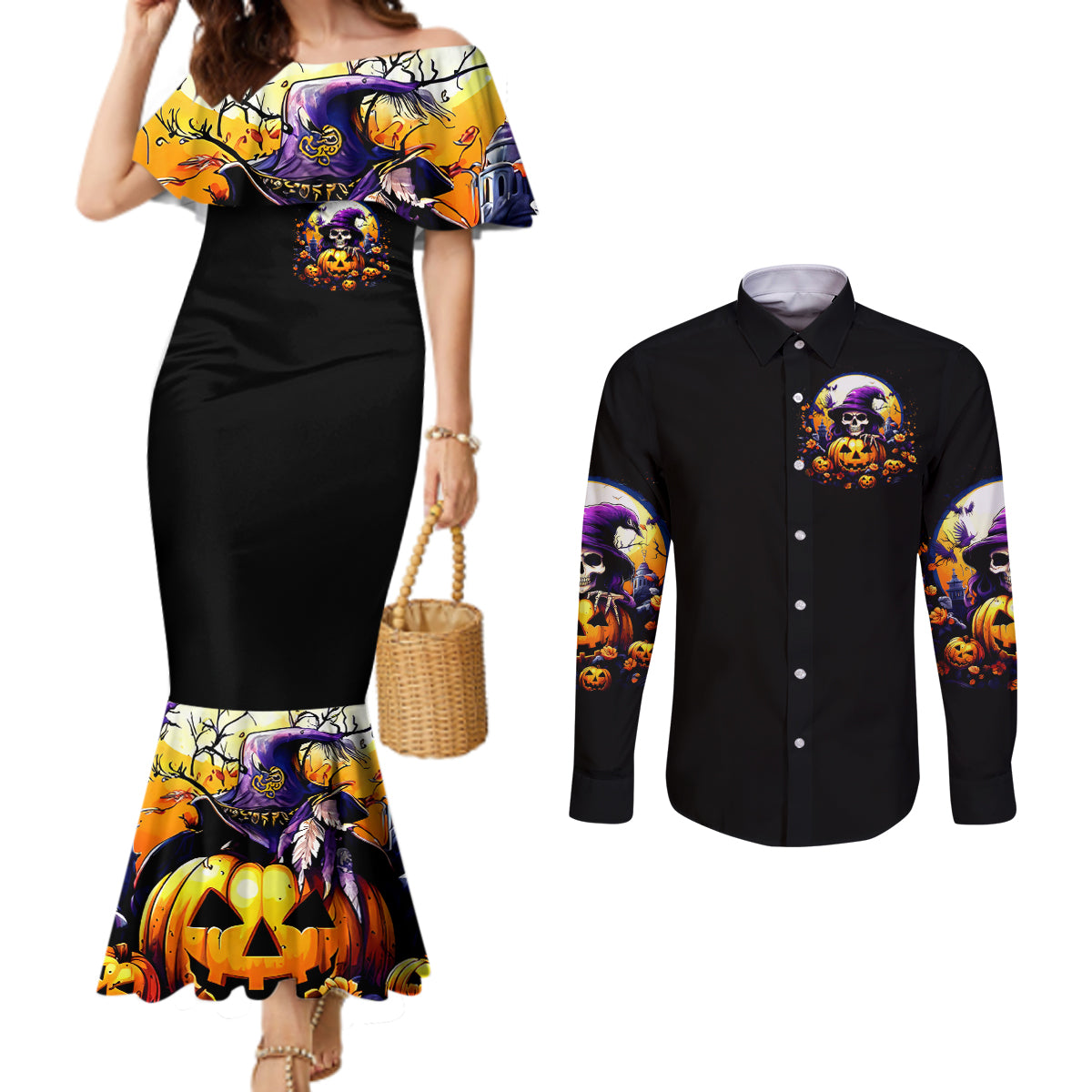 Pumpkin Witch Skull Couples Matching Mermaid Dress and Long Sleeve Button Shirt In My Defense The Moon Was Full And I Was Left Unsupervided