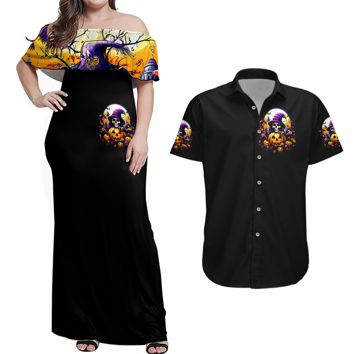 Pumpkin Witch Skull Couples Matching Off Shoulder Maxi Dress and Hawaiian Shirt In My Defense The Moon Was Full And I Was Left Unsupervided - Wonder Print Shop