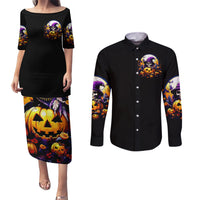 Pumpkin Witch Skull Couples Matching Puletasi and Long Sleeve Button Shirt In My Defense The Moon Was Full And I Was Left Unsupervided - Wonder Print Shop