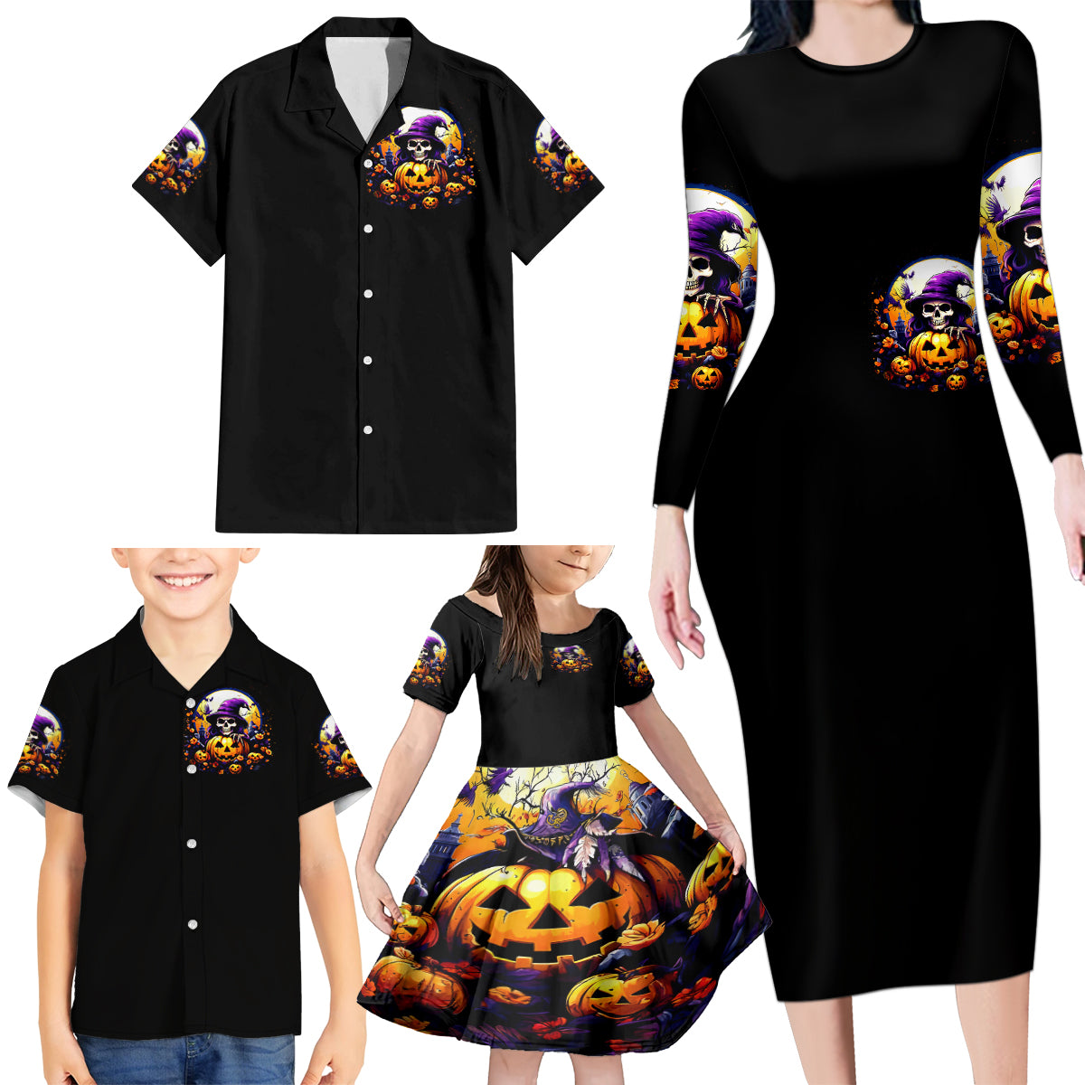 Pumpkin Witch Skull Family Matching Long Sleeve Bodycon Dress and Hawaiian Shirt In My Defense The Moon Was Full And I Was Left Unsupervided - Wonder Print Shop