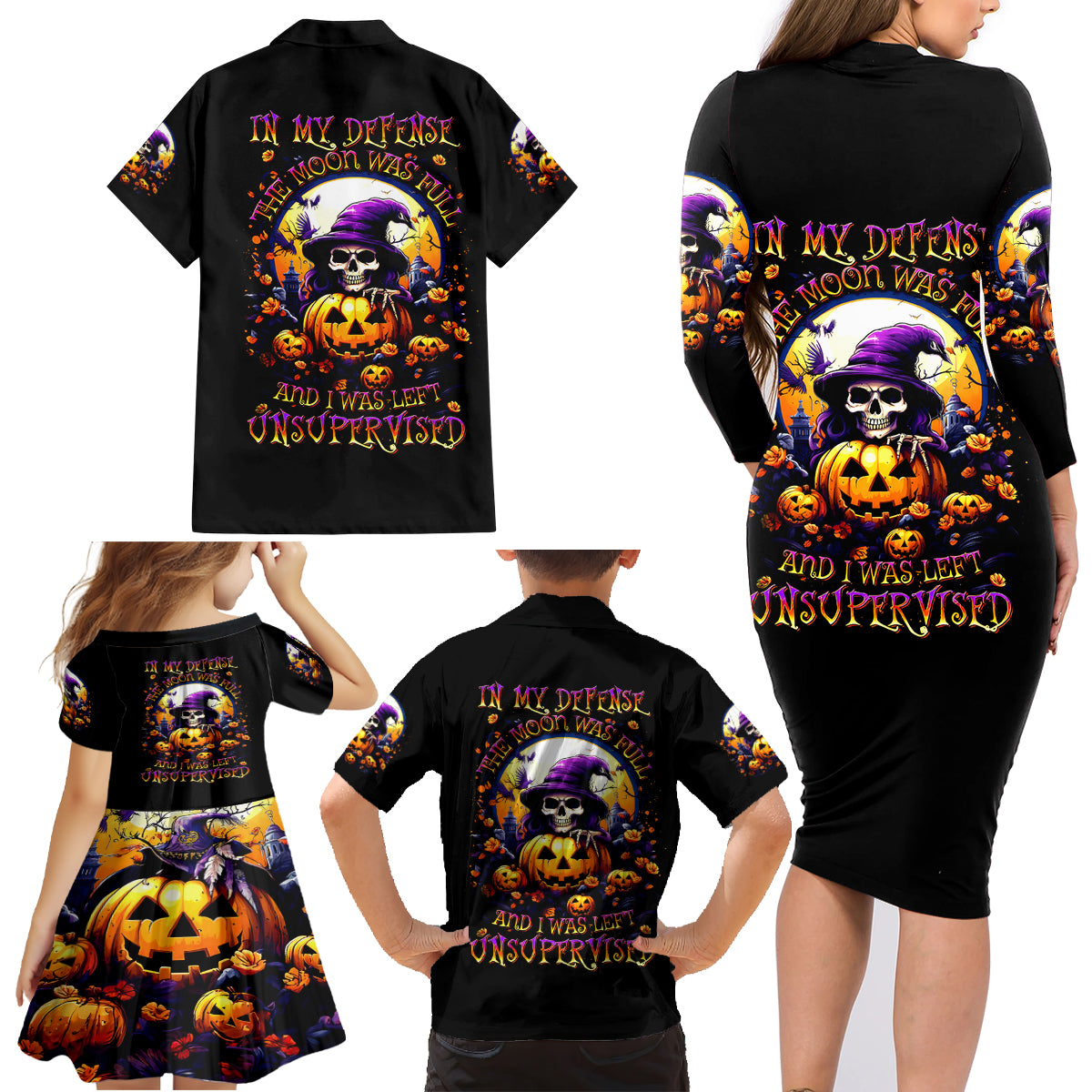 Pumpkin Witch Skull Family Matching Long Sleeve Bodycon Dress and Hawaiian Shirt In My Defense The Moon Was Full And I Was Left Unsupervided - Wonder Print Shop